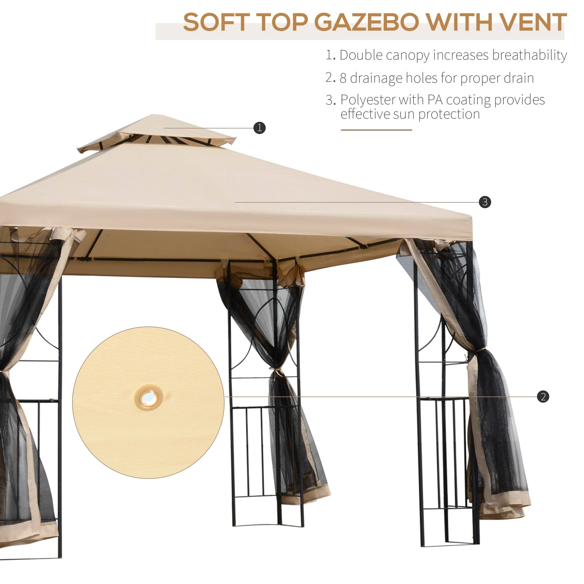 SOFT TOP GAZEBO WITH VENT
1. Double canopy increases breathability
2. 8 drainage holes for proper drain
3. Polyester with PA coating provides effective sun protection
