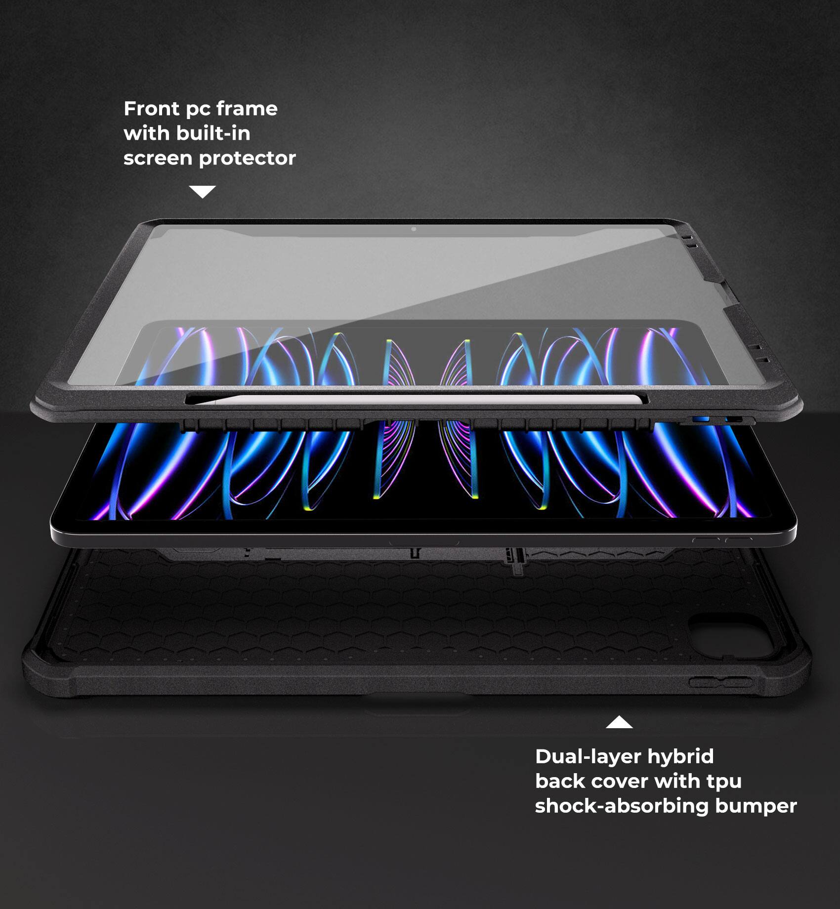 Front pc frame with built-in screen protector

Dual-layer hybrid back cover with tpu shock-absorbing bumper