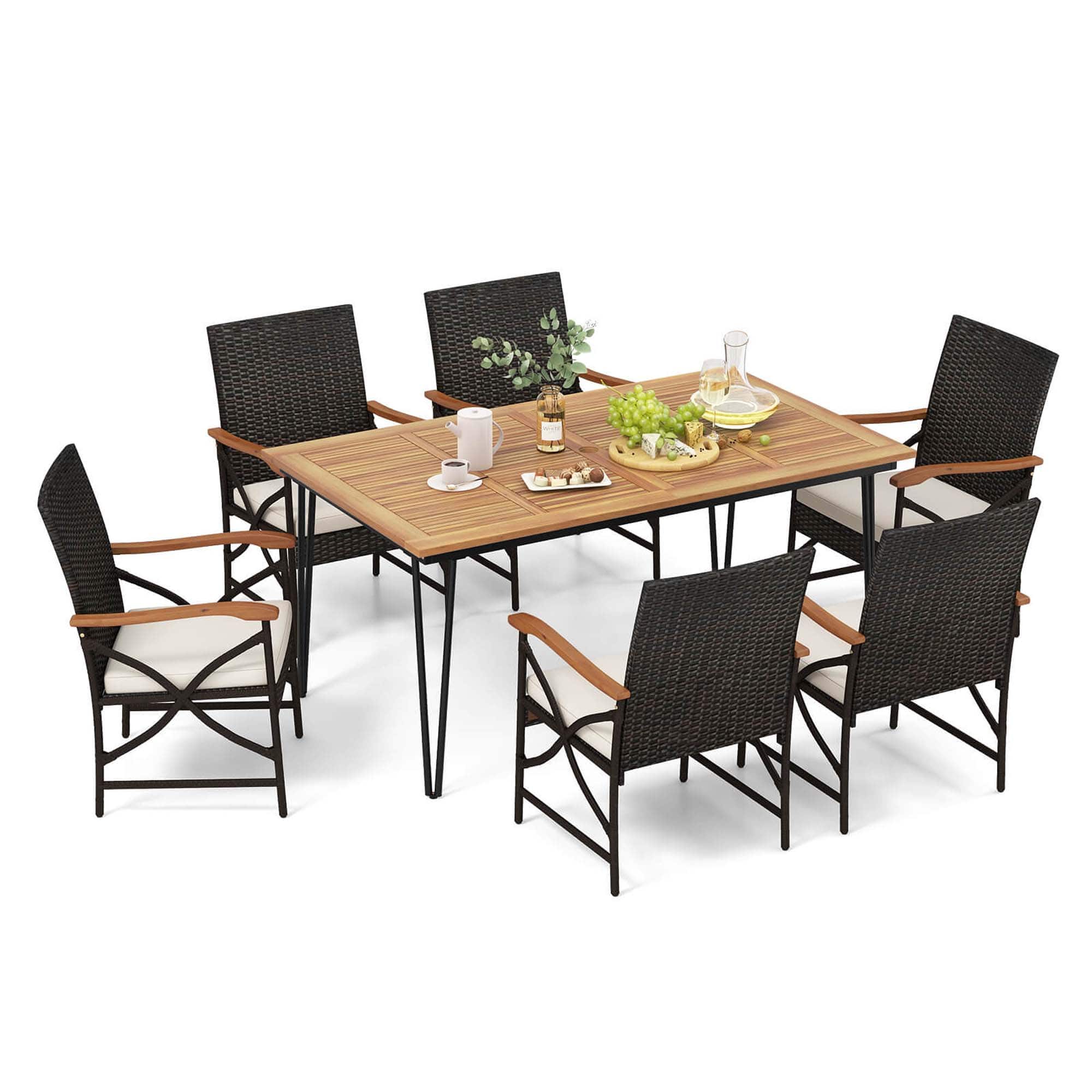 Front. Costway - 7 PCS Patio Dining Set with Acacia Wood Dining Table Rattan Armchairs Soft Cushions - Natural + Black.