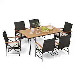 Costway - 7 PCS Patio Dining Set with Acacia Wood Dining Table Rattan Armchairs Soft Cushions - Natural + Black