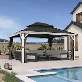 PURPLE LEAF - Outdoor Hardtop Aluminum White Frame Gazebo with Galvanized Steel Double Roof with Netting and Curtains - 13' X 15'
