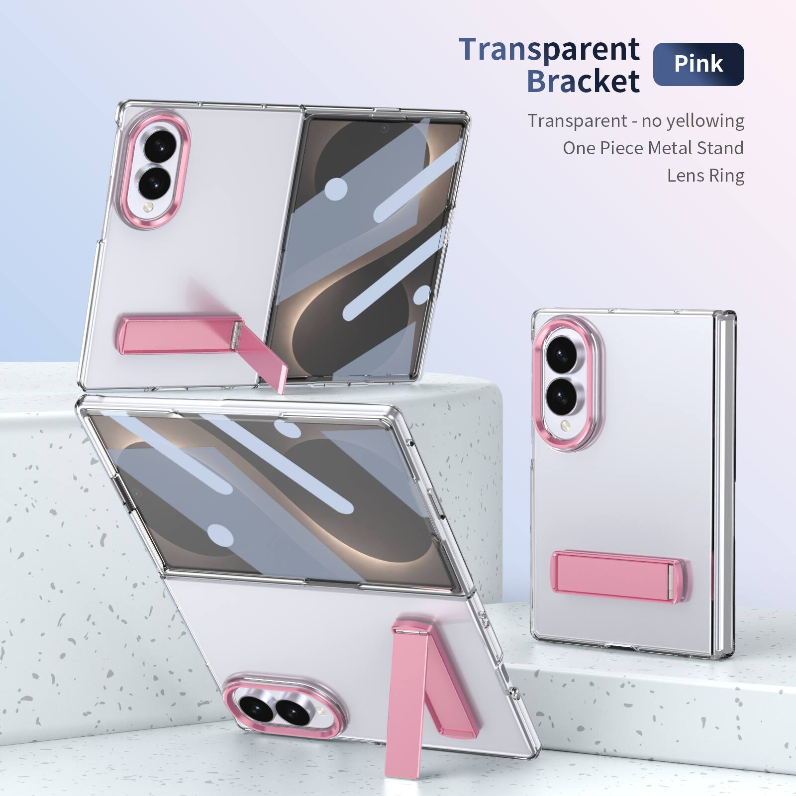 Transparent Pink Bracket  
Transparent - no yellowing  
One Piece Metal Stand  
Lens Ring