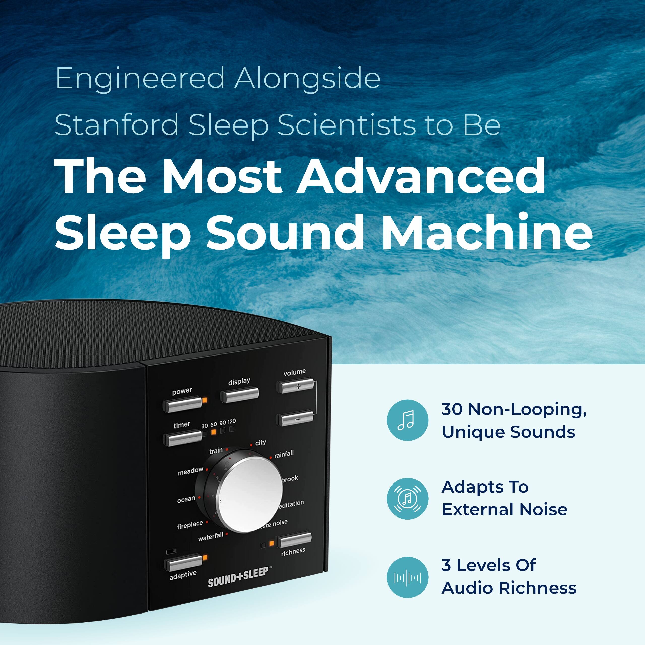 Engineered Alongside Stanford Sleep Scientists to Be The Most Advanced Sleep Sound Machine

- Volume display power e0 DO 120 timer 30 city train rainfall meadow brook ocean Idlitation fireplace de noise waterfall richness adaptive
- SOUND+SLEEP- 30 Non-Looping, Unique Sounds
- Adapts To External Noise
- 3 Levels Of Audio Richness