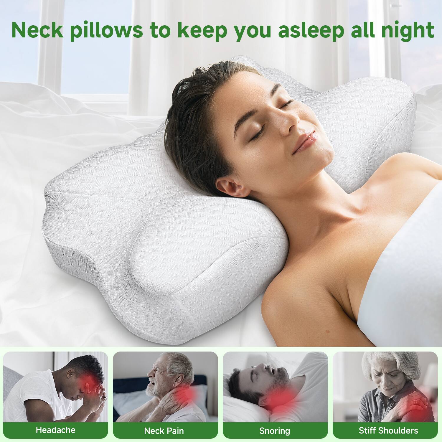 Neck pillows to keep you asleep all night

Headache  
Neck Pain  
Snoring  
Stiff Shoulders