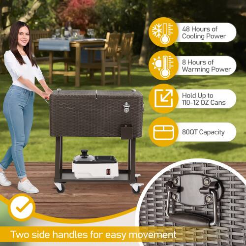 48 Hours of Cooling Power  
8 Hours of Warming Power  
Hold Up to 110-120 OZ Cans  
80QT Capacity  
Two side handles for easy movement