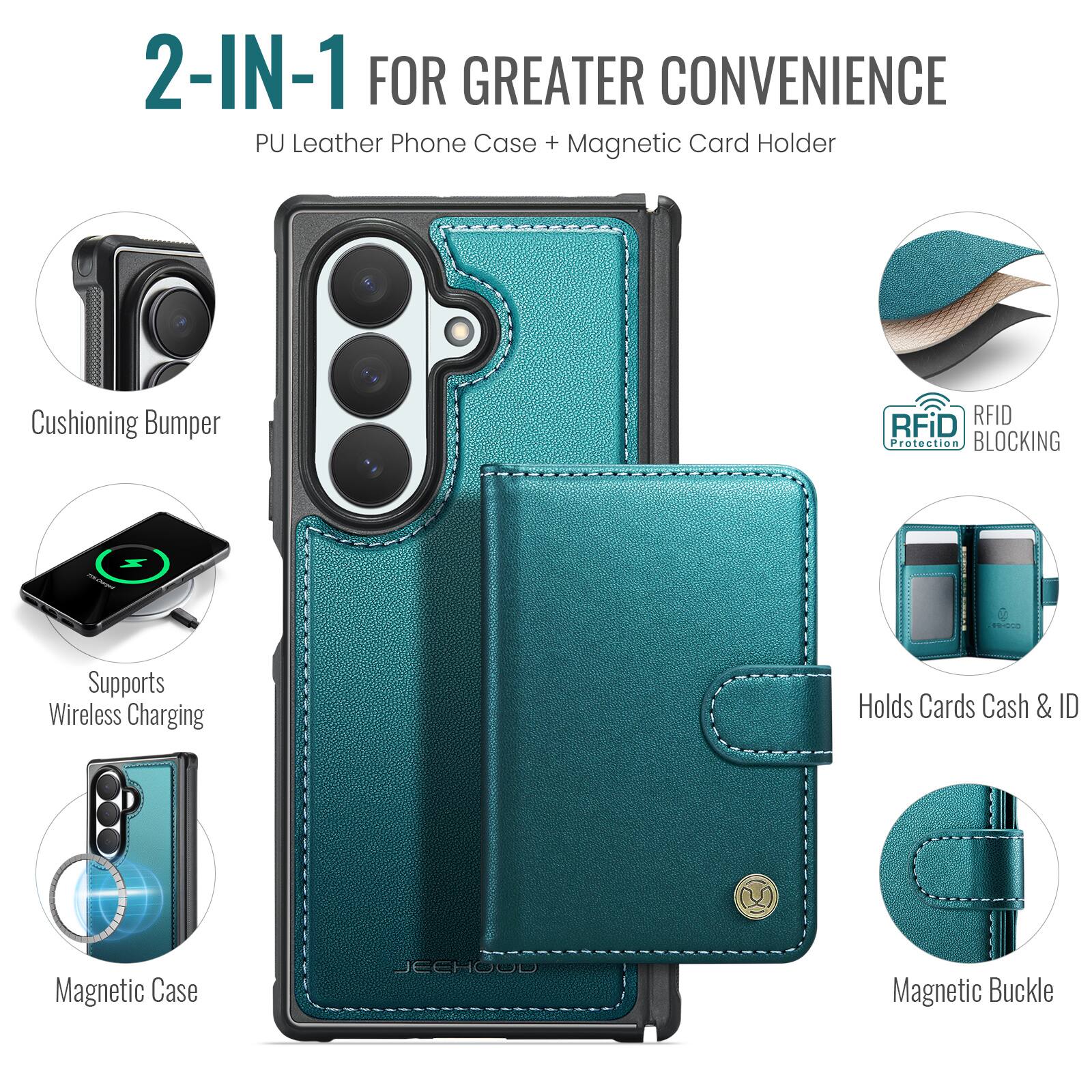 2-IN-1 FOR GREATER CONVENIENCE  
PU Leather Phone Case + Magnetic Card Holder

- Cushioning Bumper
- RFID Protection BLOCKING
- Supports Wireless Charging
- Holds Cards Cash & ID
- Magnetic Case
- Magnetic Buckle

JEEHOOD