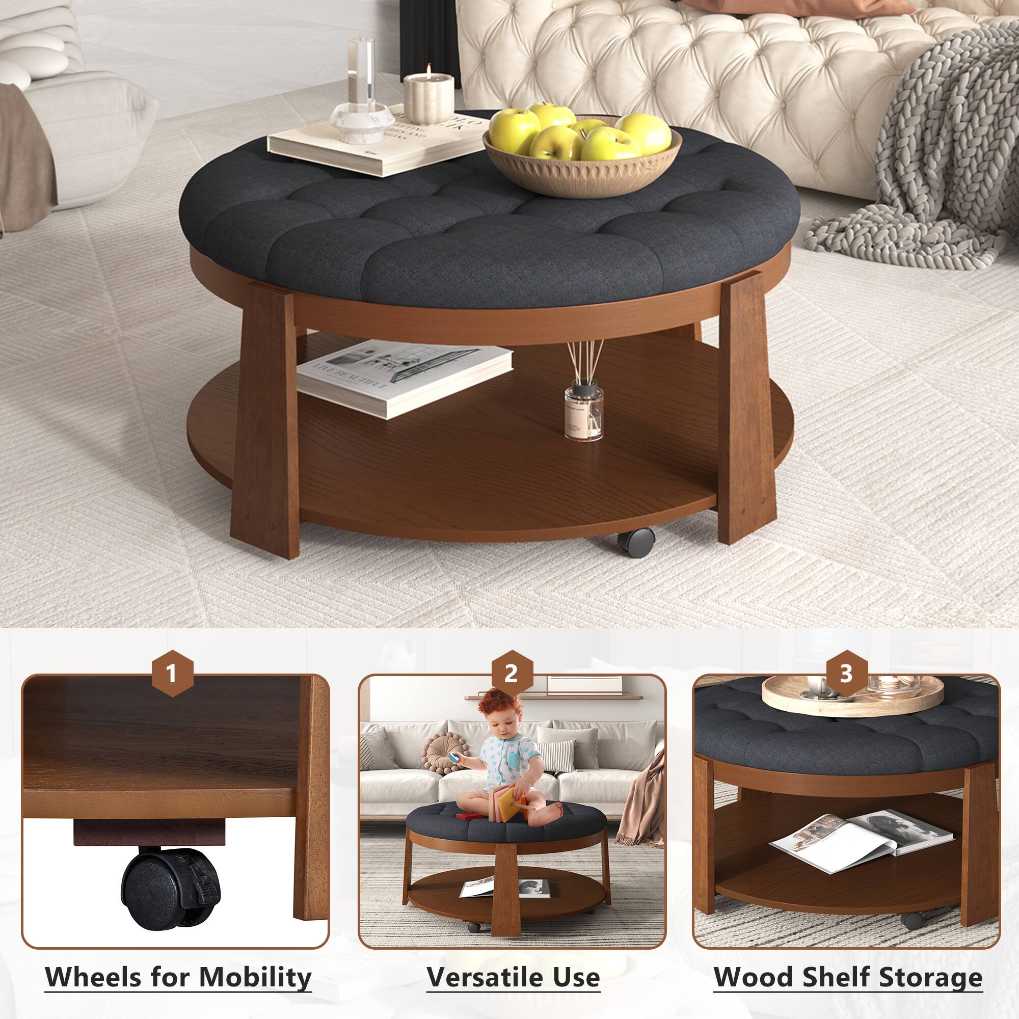 1. Wheels for Mobility  
2. Versatile Use  
3. Wood Shelf Storage