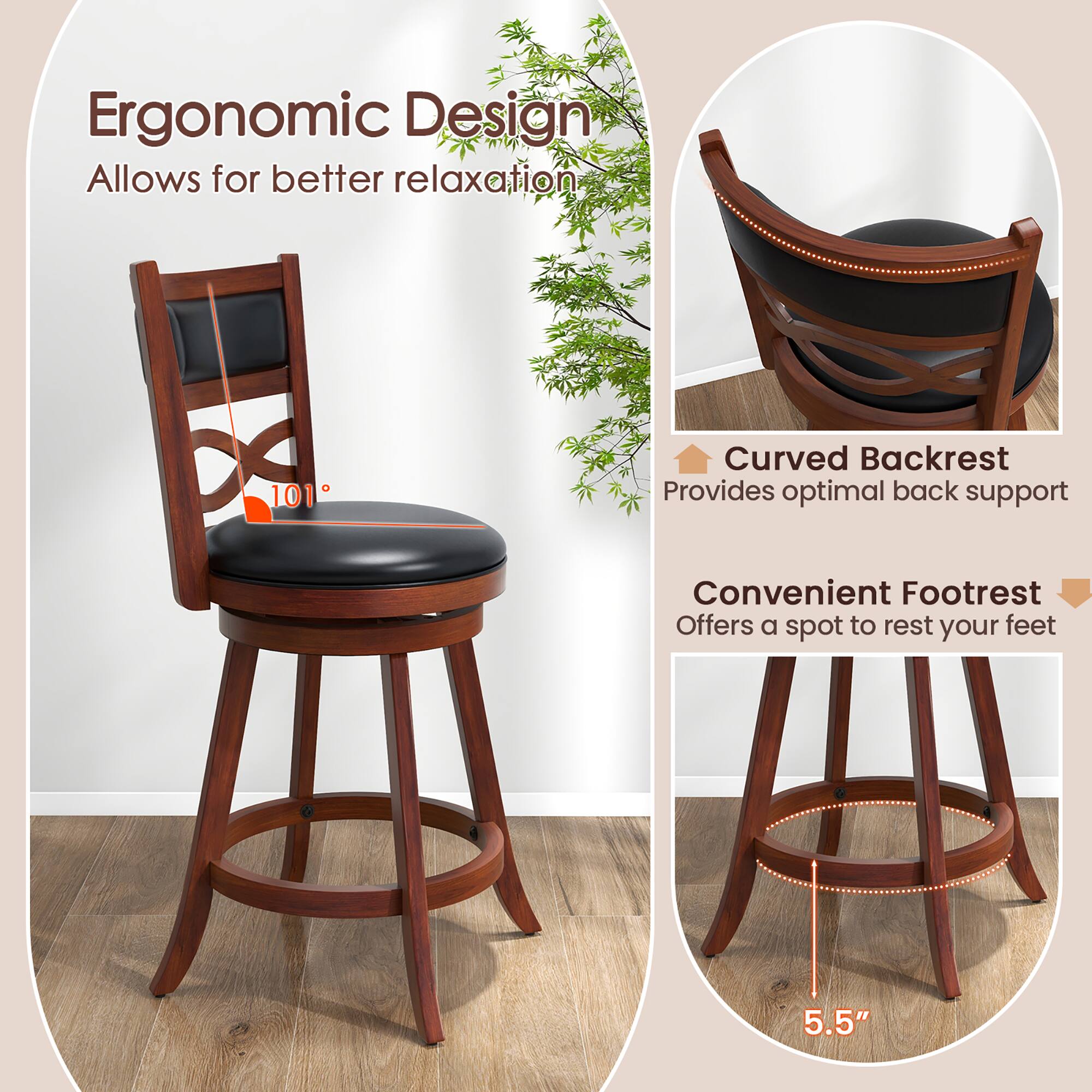 Ergonomic Design, Allows for better relaxation, Curved Backrest, Provides optimal back support, Convenient Footrest, Offers a spot to rest your feet, 5.5"