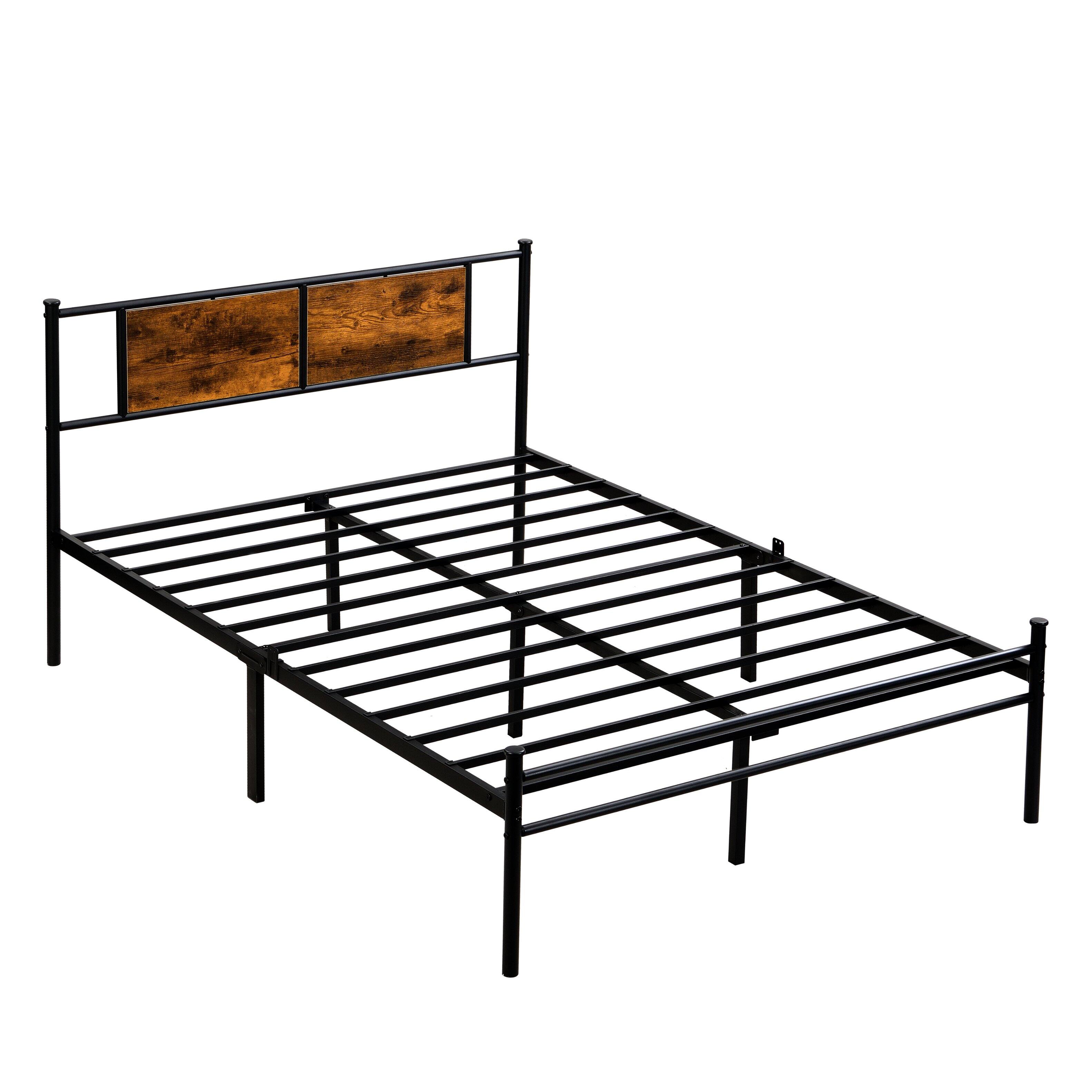 Left. LUCKY ONE - King Size Metal Bed Frame with Wood Panel Headboard, Steel Structure - Black+Brown.