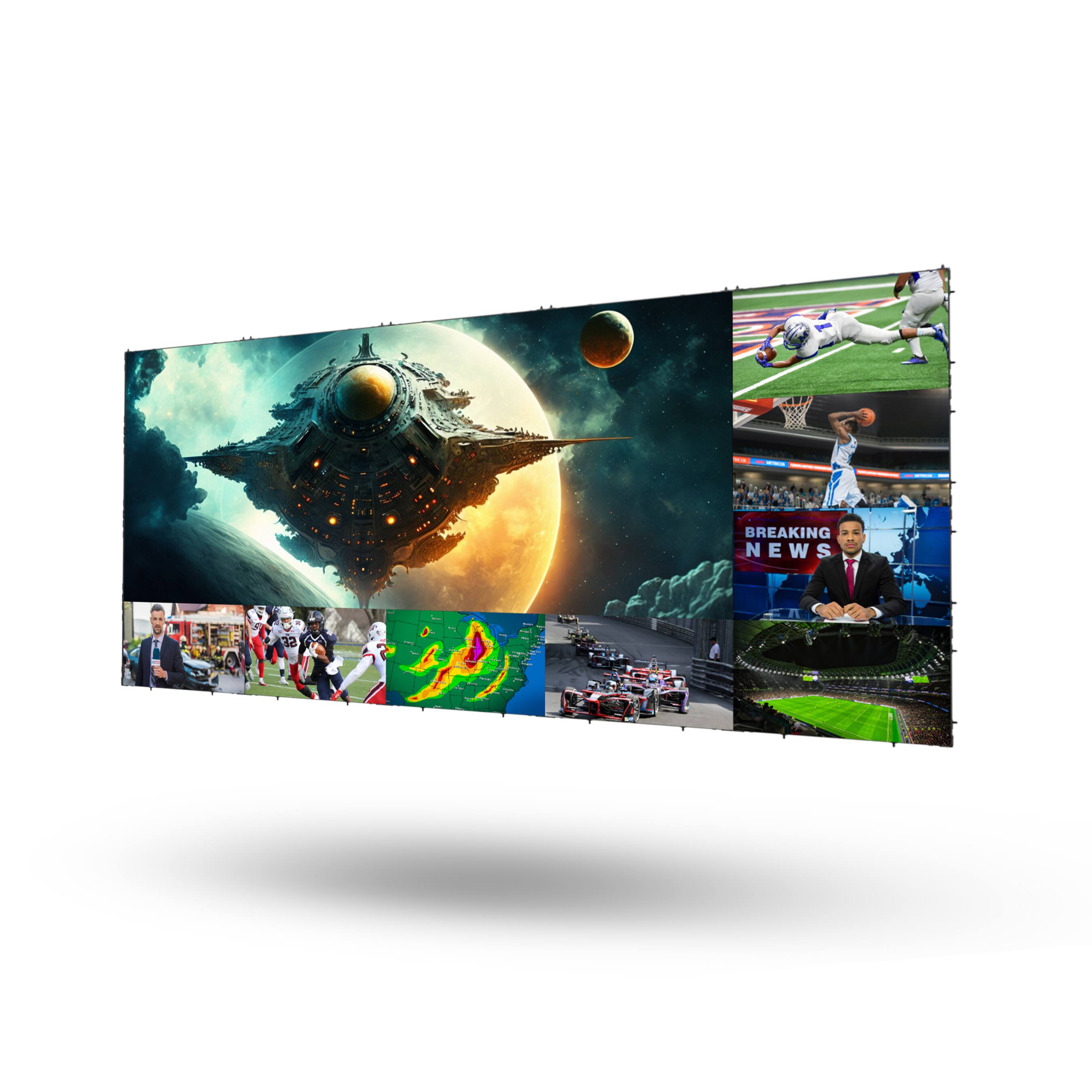 BREAKING NEWS

- Spacecraft in orbit
- Basketball game
- Football game
- Weather map
- Car race
- News anchor
- Soccer stadium