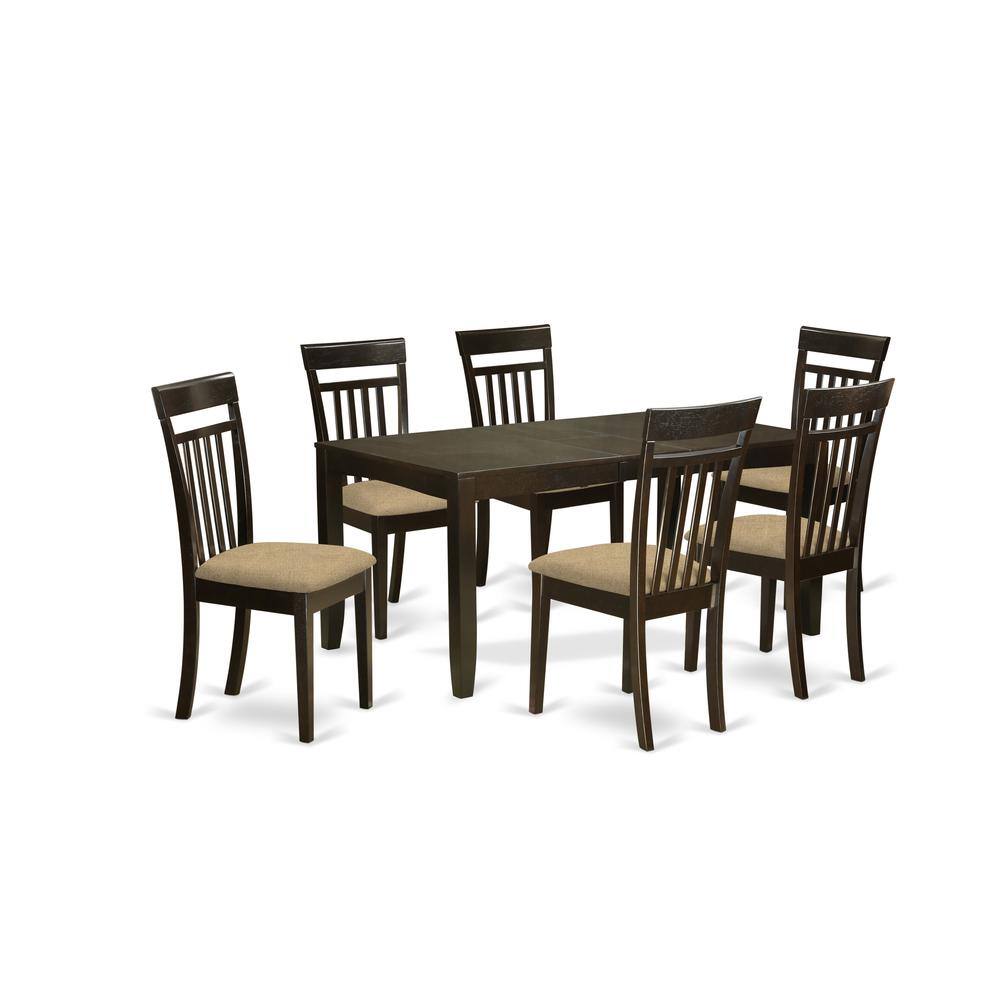 Left. East West Furniture - LYCA7-CAP-C 7 Pc Dining room set for 6-Table with Leaf and 6 Kitchen Dining Chairs - Cappuccino.