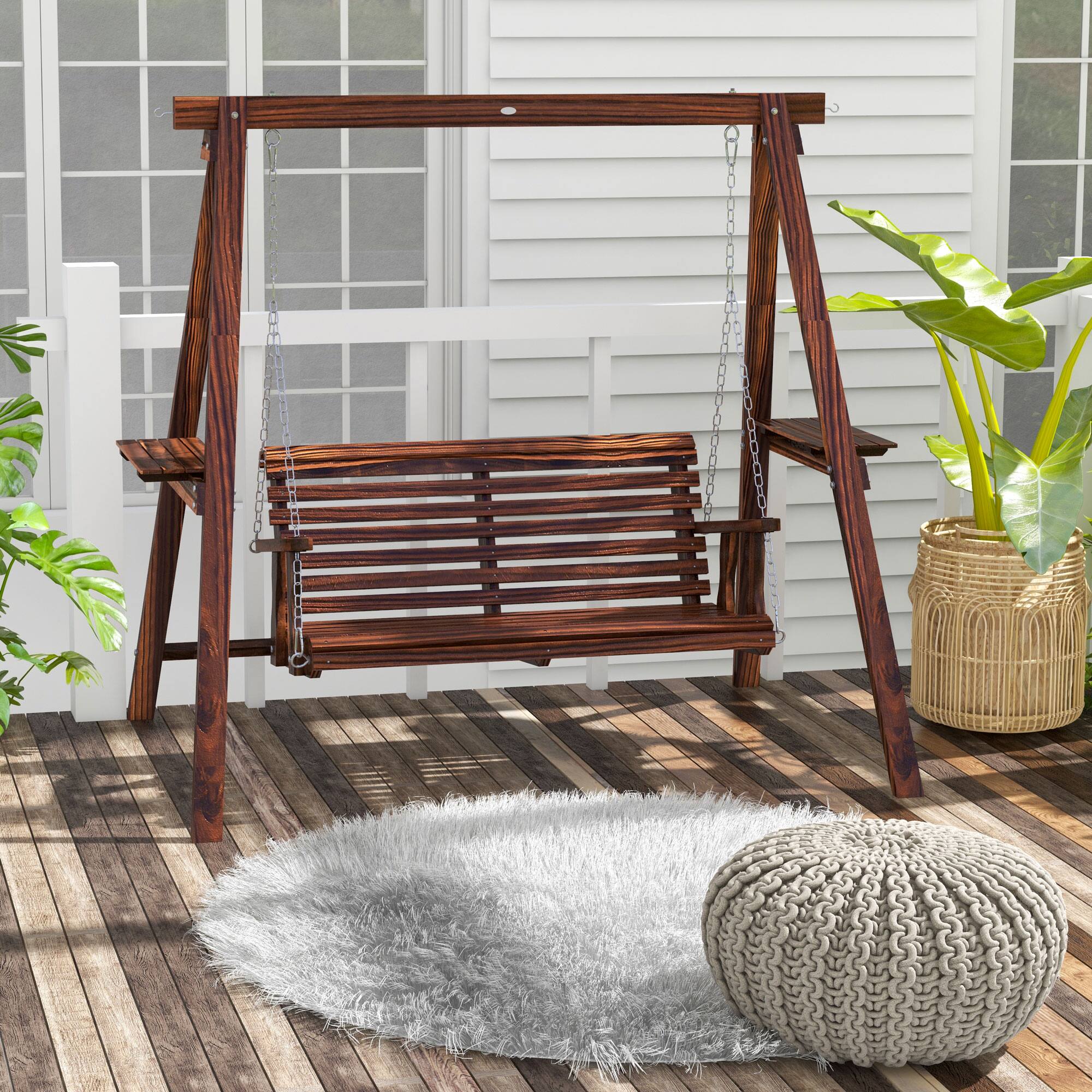 Alt View 7. Outsunny - Outdoor Swing Chair with Stand and Side Tables for Garden, Poolside - Carbonized brown.
