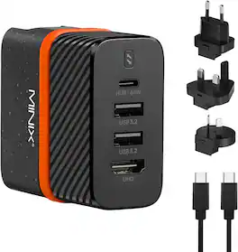MINIX - 65W GaN Charger Hub 4K, All-in-One Charger with 4K HDMI Port/1-USB-C Hub/2-USB 3.2 for Switch, Laptop, Phone, Tablet - Black