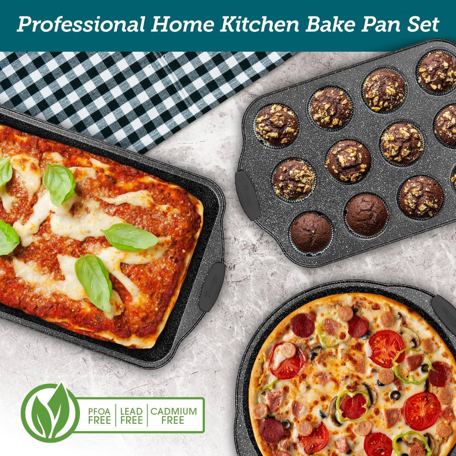 Bakken- Swiss - BAKKEN Kitchen Oven Baking Pans - Nonstick Coating, Carbon Steel Bakeware Set with White Silicone Handles, C - Gray Marble - Thumbnail 3