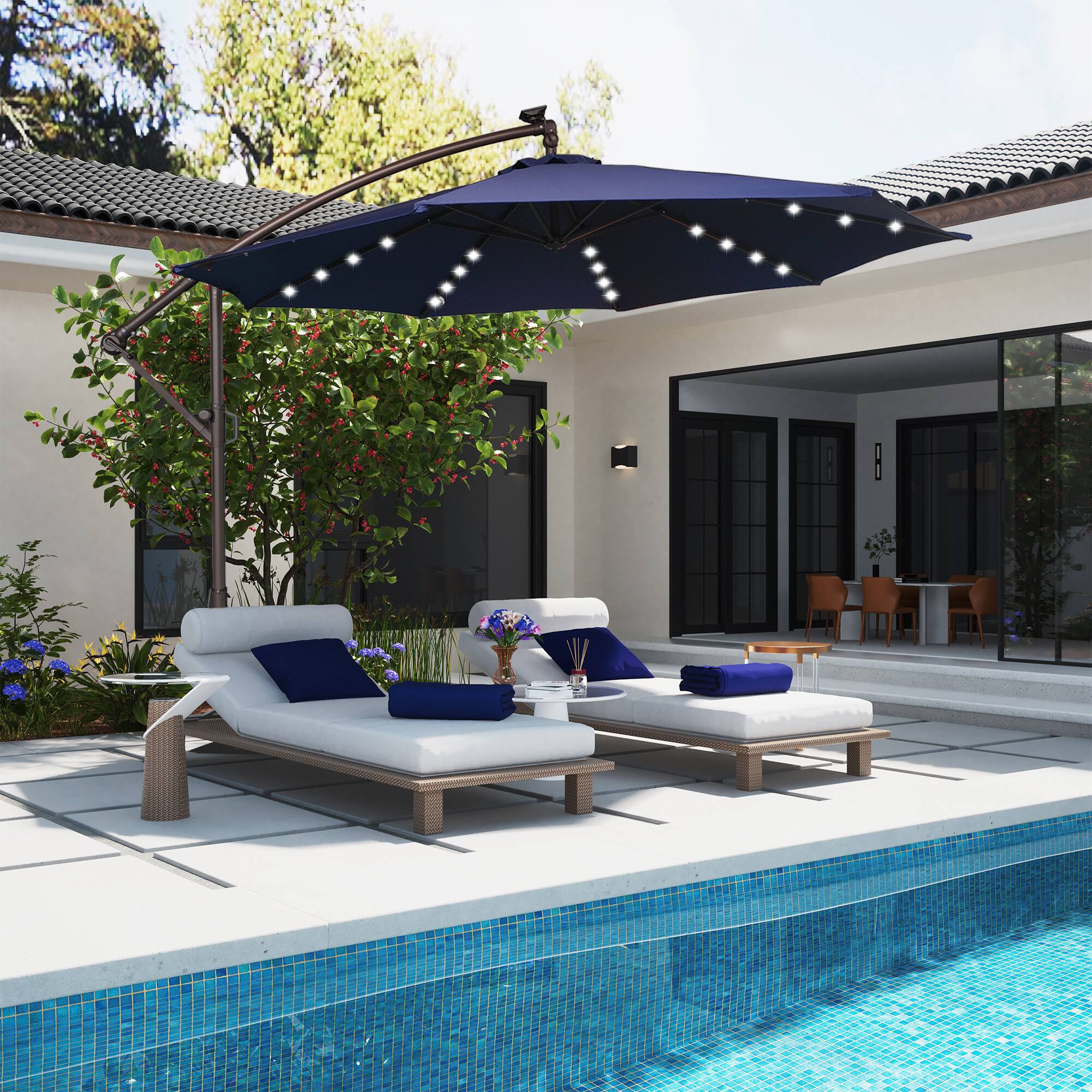 Alt View 5. Mondawe - 10ft Offset Patio Cantilever Umbrella with Easy Tilt，Crank 360°Rotate，Solar LED Lighted - Navy Blue.