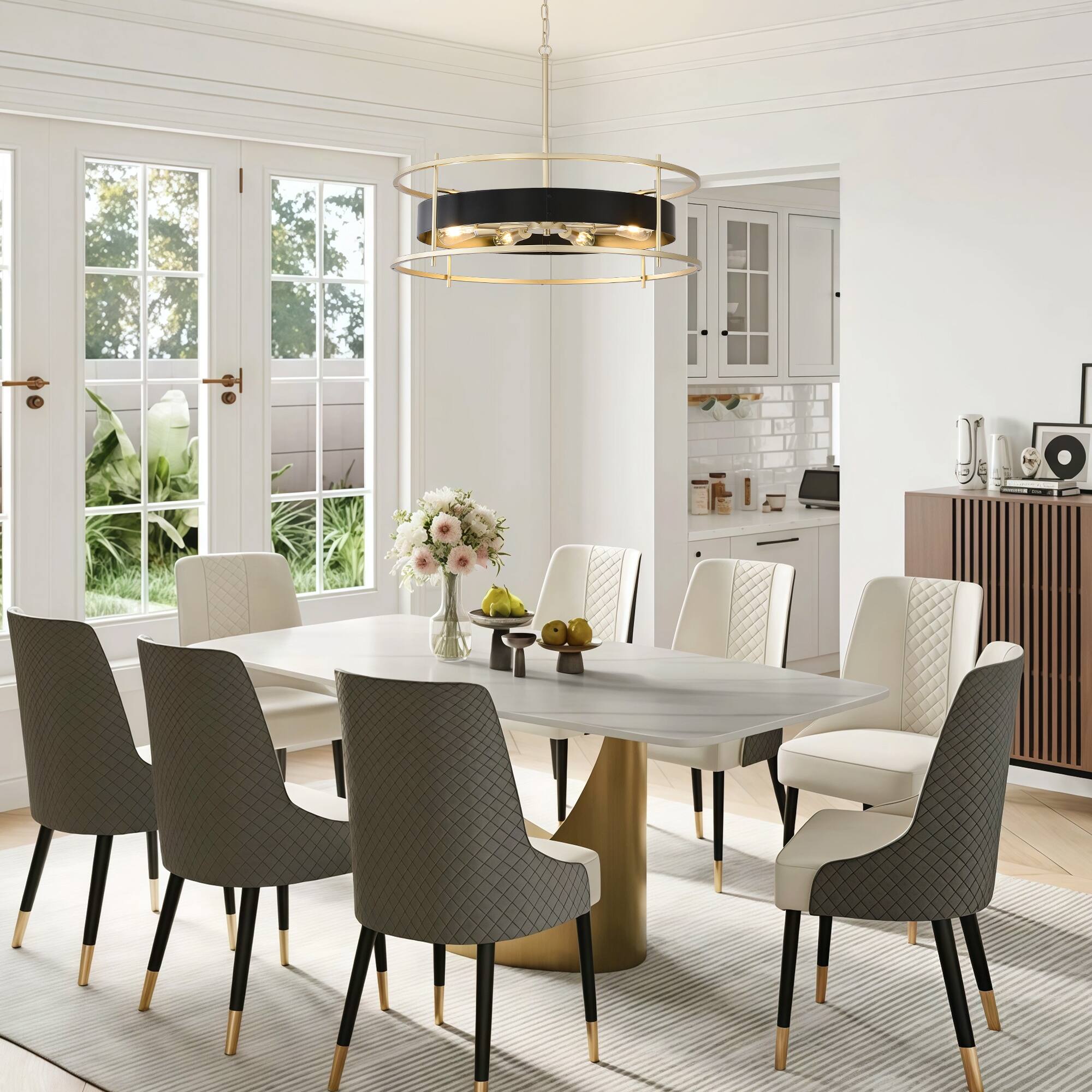 Back. RYHNUYNE - Modern Black and Gold 8-Light Chandelier - 31 Inch Round Adjustable Pendant Light for Dining Room, Living Room, Foyer.