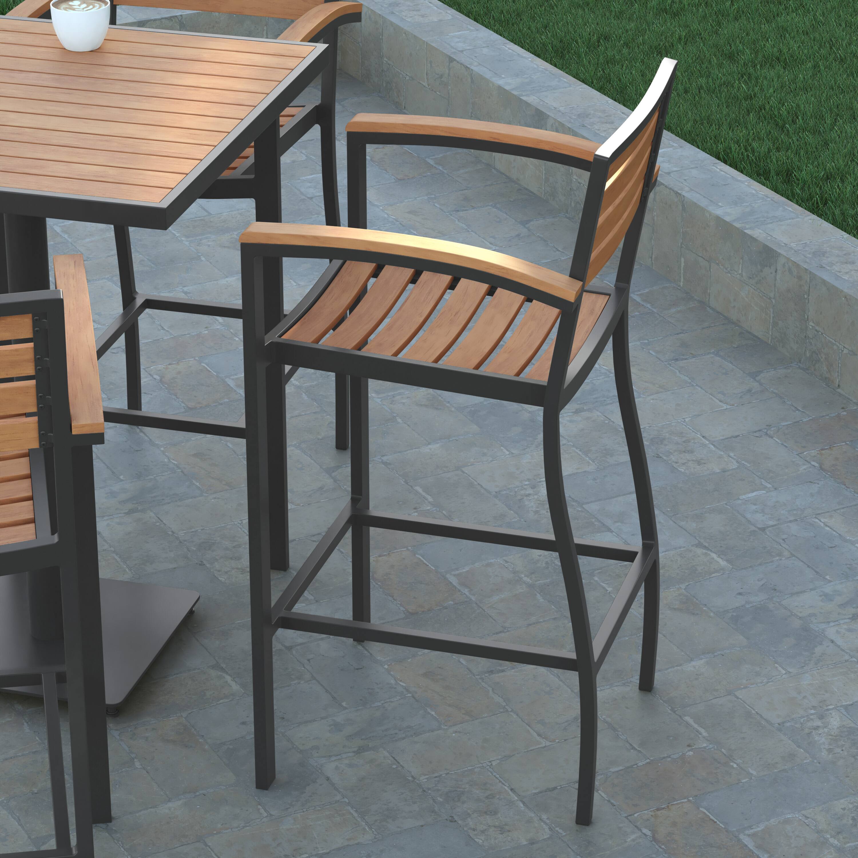 Alt View 3. Emma + Oliver - Livia All-Weather Bar Height Dining Stool with Armrests, Polyresin Slats and Aluminum Frame - Teak.