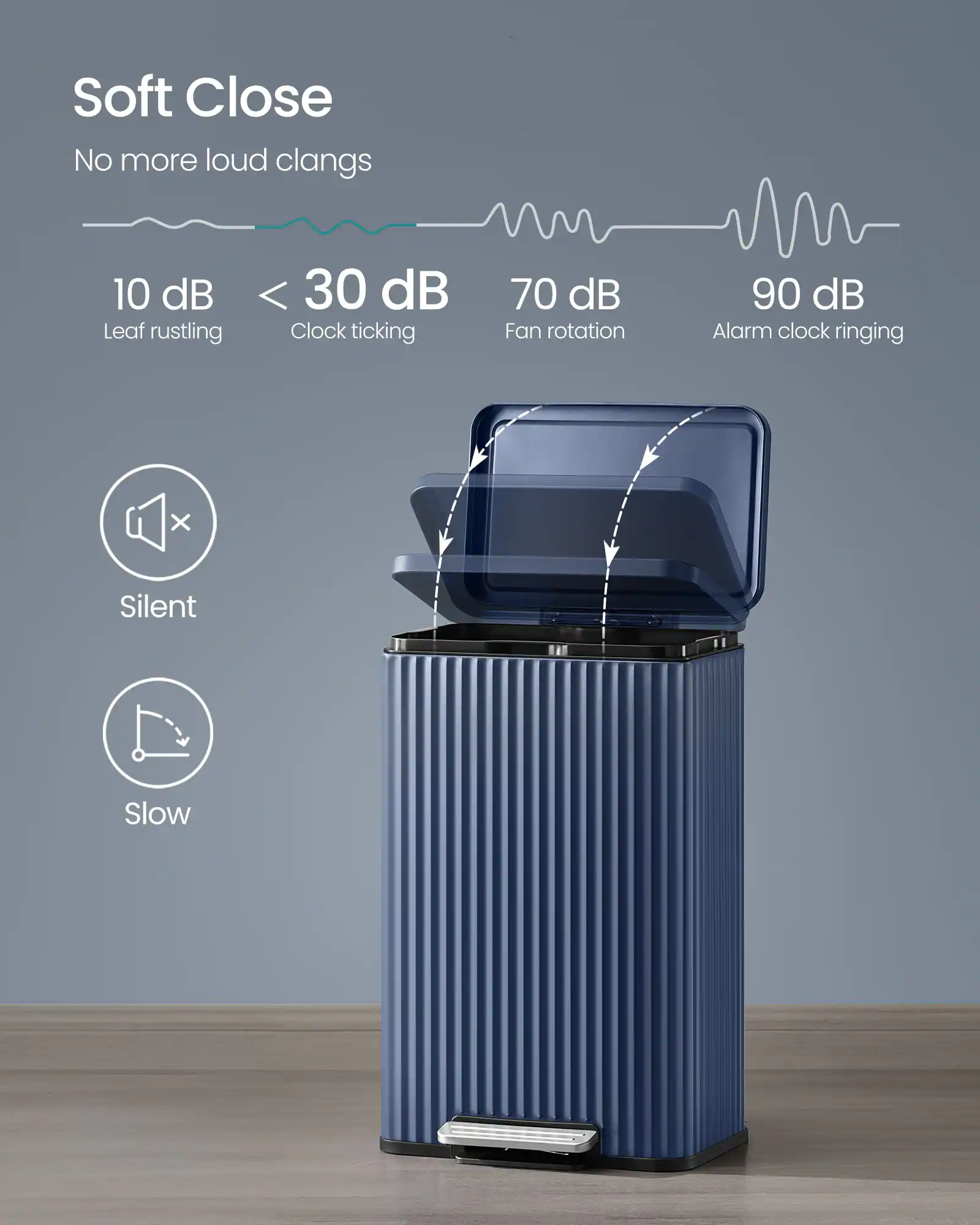 Soft Close  
No more loud clangs  

10 dB  
Leaf rustling  

< 30 dB  
Clock ticking  

70 dB  
Fan rotation  

90 dB  
Alarm clock ringing  

Silent  
Slow