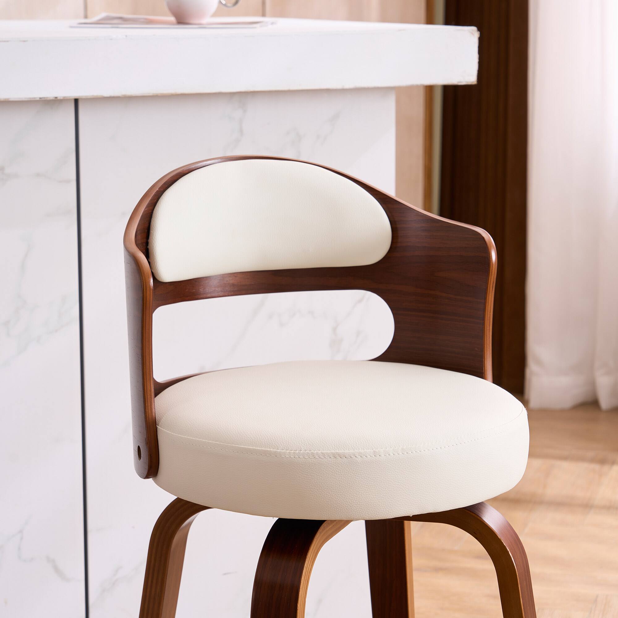 Left. FERPIT - FERPIT Faux Leather Swivel Counter Bar Stools with Wood Legs Set of 2, White, 26" - White.
