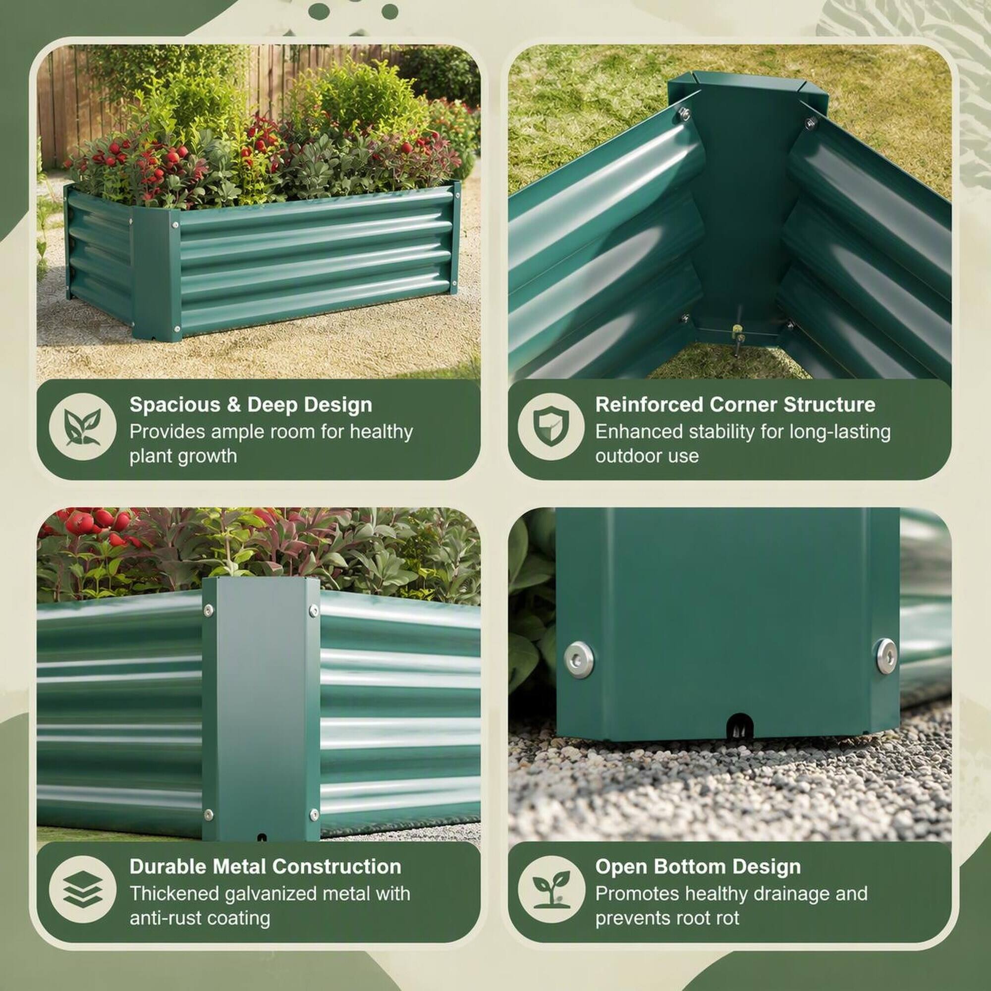 Spacious & Deep Design  
Provides ample room for healthy plant growth

Reinforced Corner Structure  
Enhanced stability for long-lasting outdoor use

Durable Metal Construction  
Thickened galvanized metal with anti-rust coating

Open Bottom Design  
Promotes healthy drainage and prevents root rot
