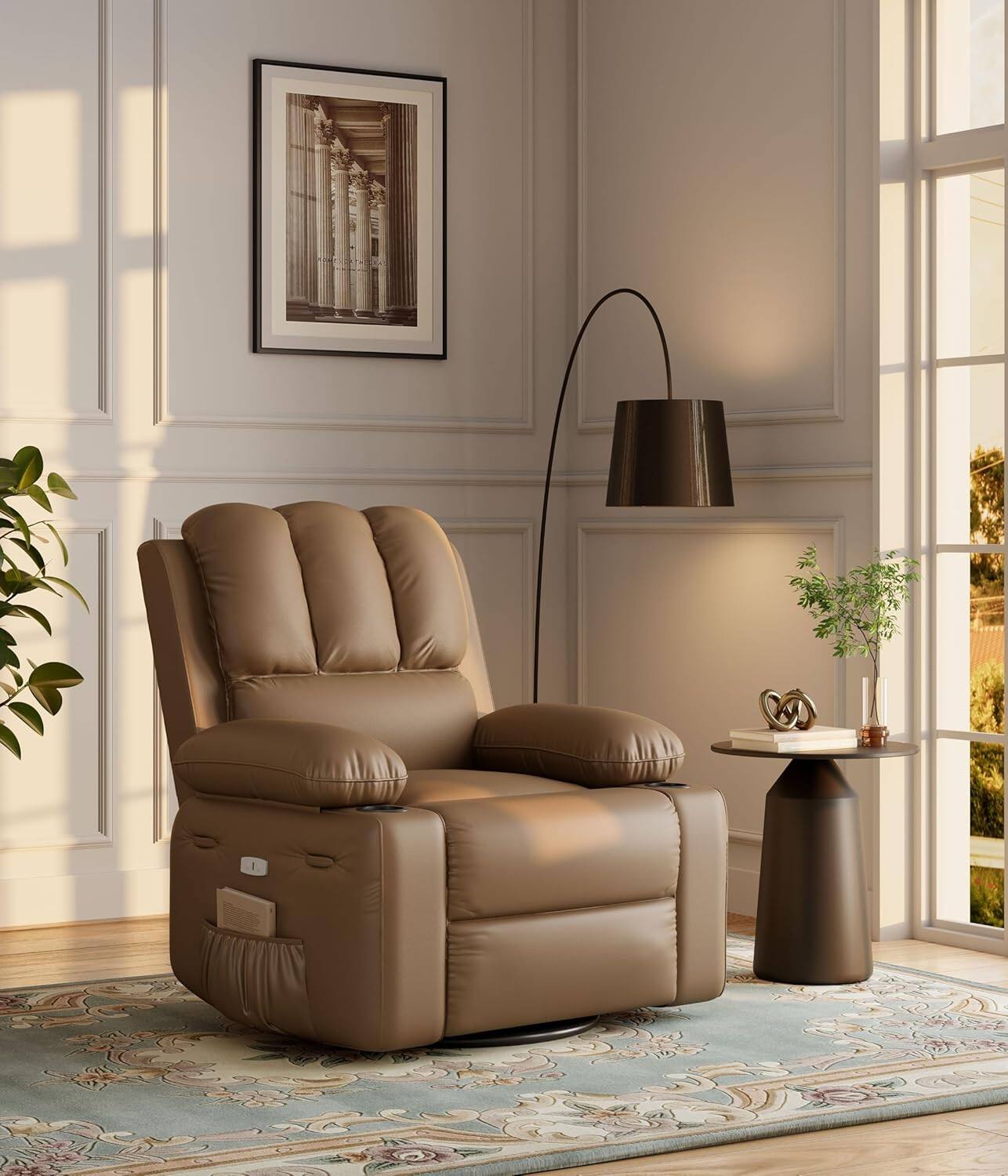 Front. Acekool - 27" Electric Recliner with Massage, Heat, Swivel Rocker, PU Leather, Remote & Cup Holders - Khaki.