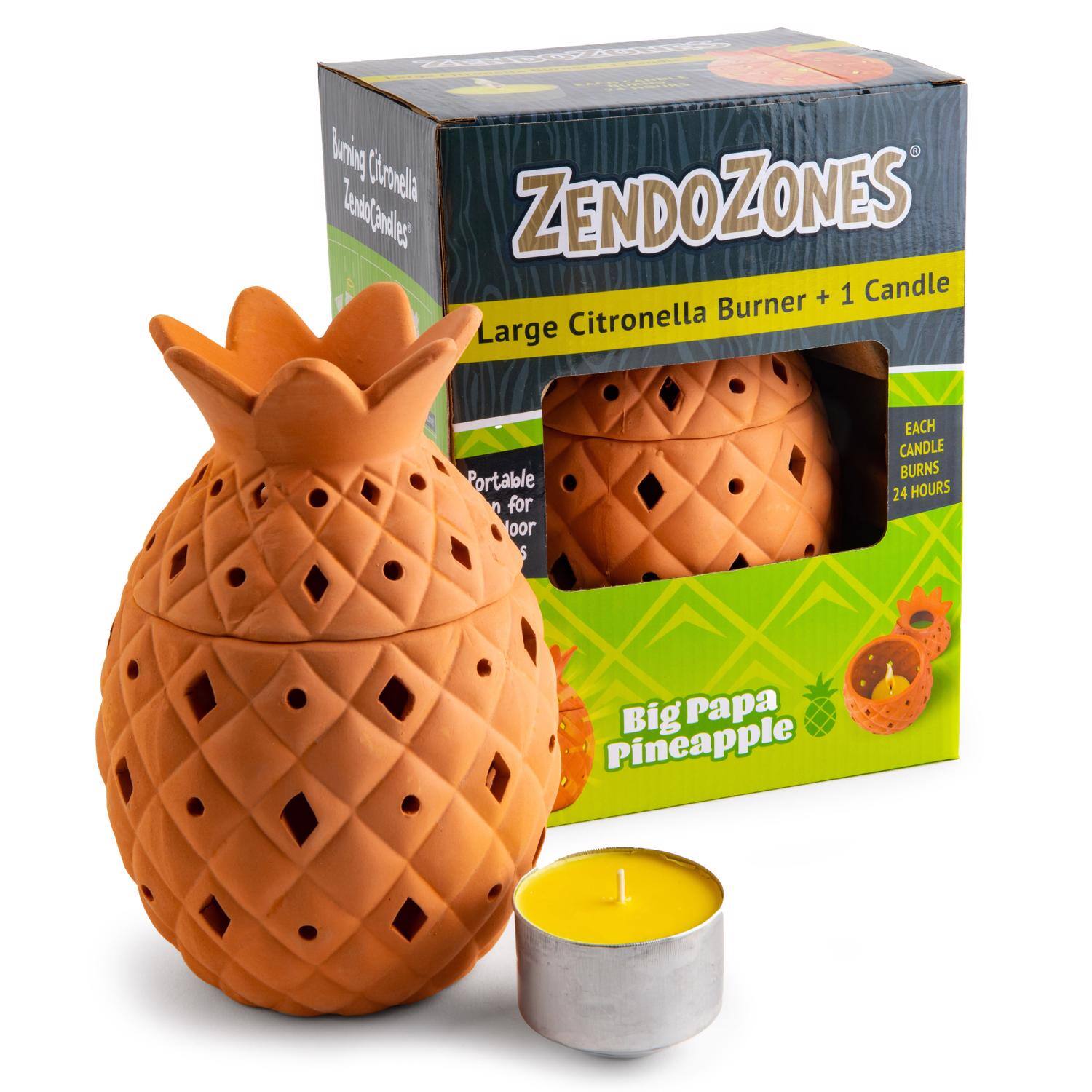ZendoZones Large Citronella Burner + 1 Candle  
Each Candle Burns 24 Hours  
Big Papa Pineapple