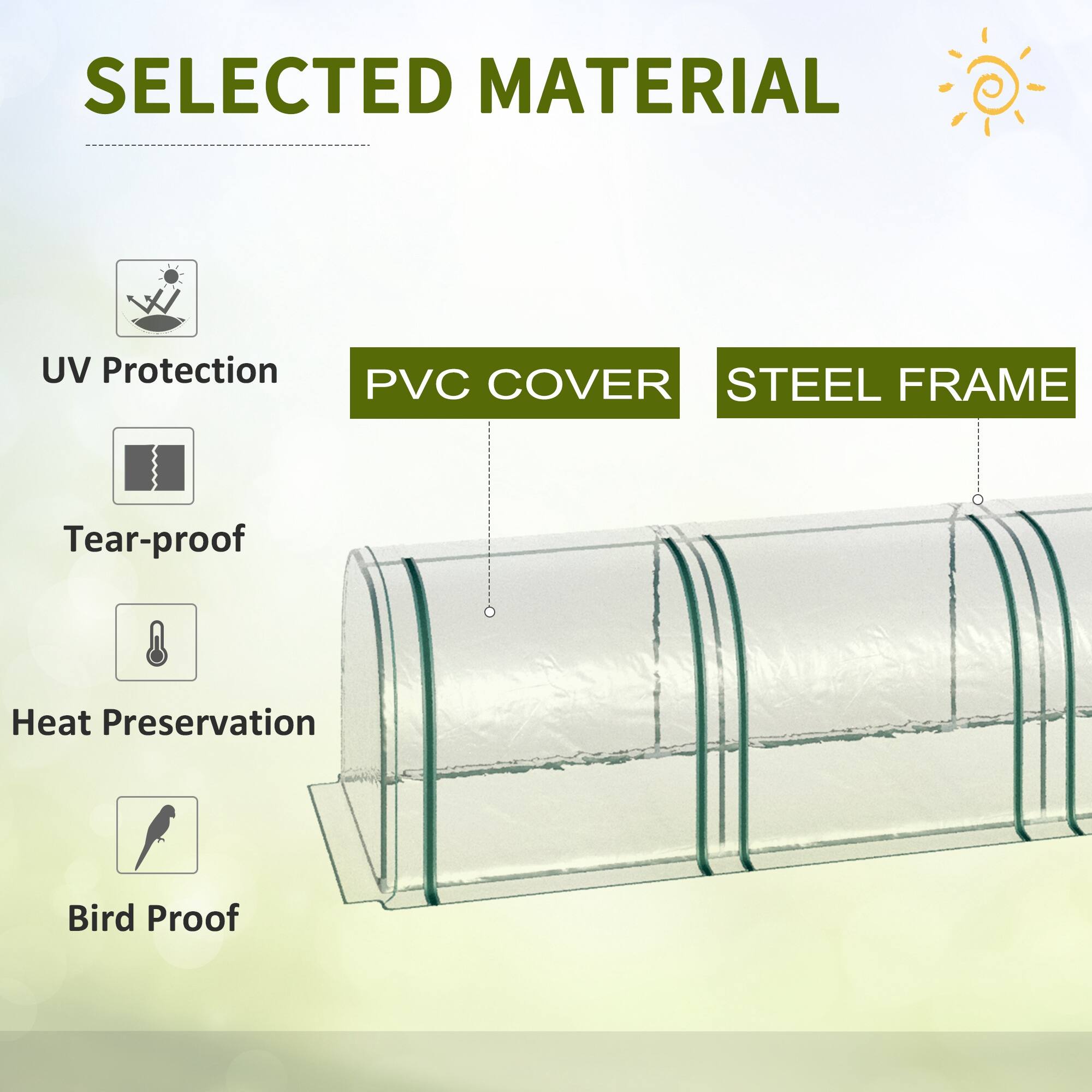 SELECTED MATERIAL

- UV Protection
- Tear-proof
- Heat Preservation
- Bird Proof

PVC COVER
STEEL FRAME