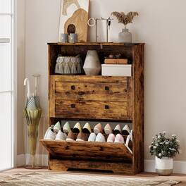 Homcom - Cabinet with 2 Flip Drawers, Narrow Shoe Storage Cabinet - Rustic Brown