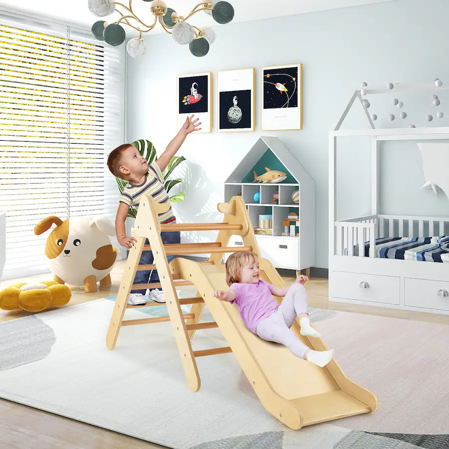 Triangle Multicolour Costway 2 in 1 Wooden Climbing Triangle Set Triangle Climber w/ Ramp ...