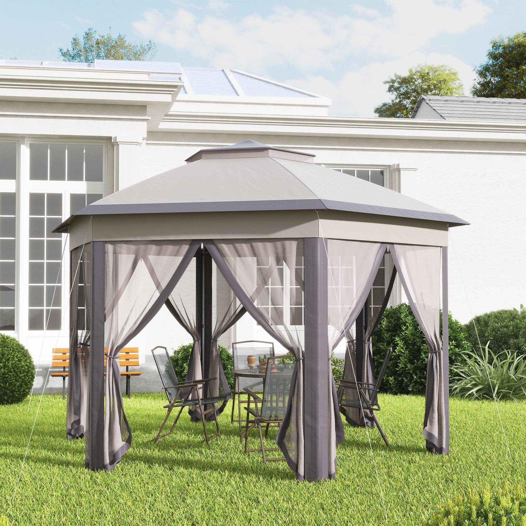 Alt View 7. Outsunny - x 13' Pop Up Gazebo Hexagonal Canopy Shelter with 6 Zippered Mesh Netting for Patio Backyard Garden Wedding - Coffee and Beige.