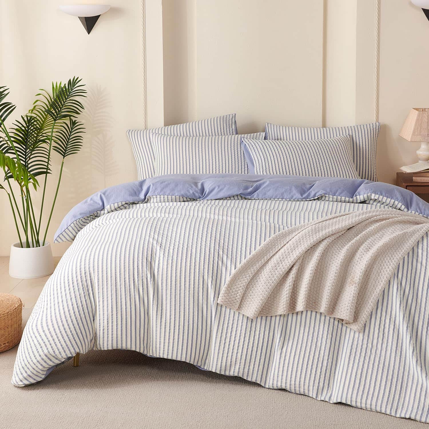 Cedar Assembly - Comforter Queen Set Striped Soft Luxury Washed Microfiber Jacquard 3 Pieces Bedding Vertical Ticking Stripes - Blue Striped-King