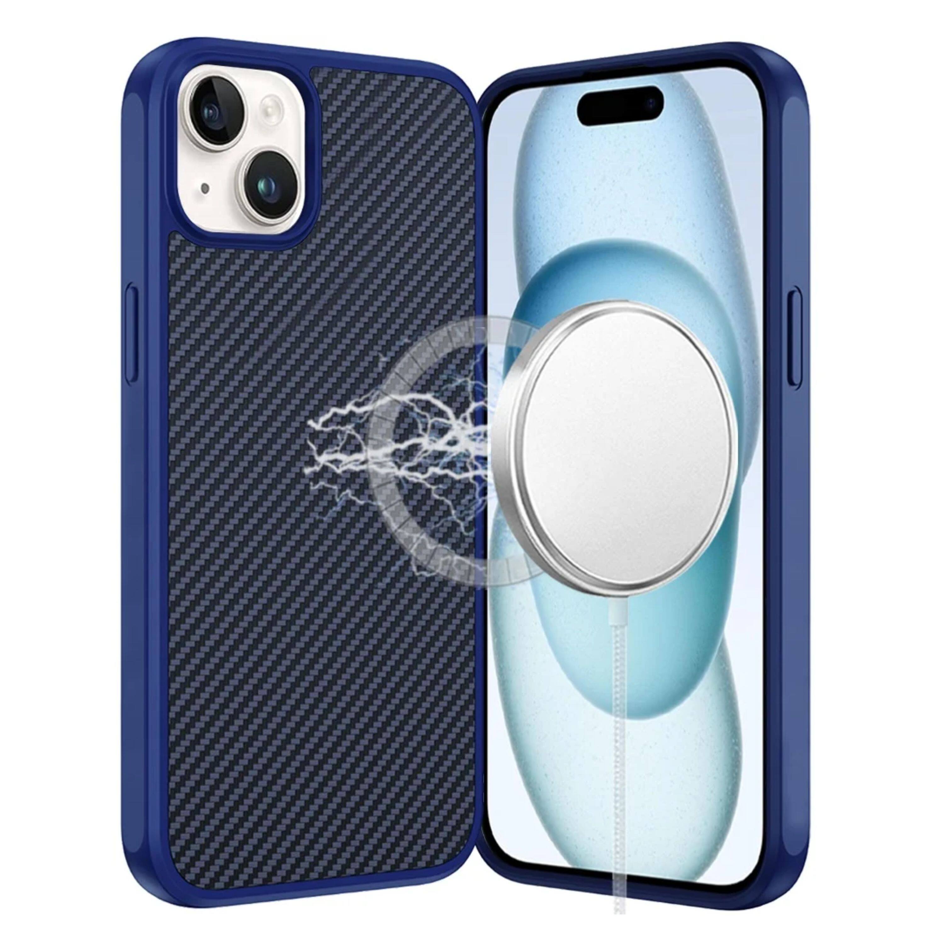 Kitcheniva - Carbon Fiber Print Hidden Magnetic Circle Phone Case With 2 Pcs Tempered Glass For iPhone 15 - Navy Blue price history on PriceWatchPro