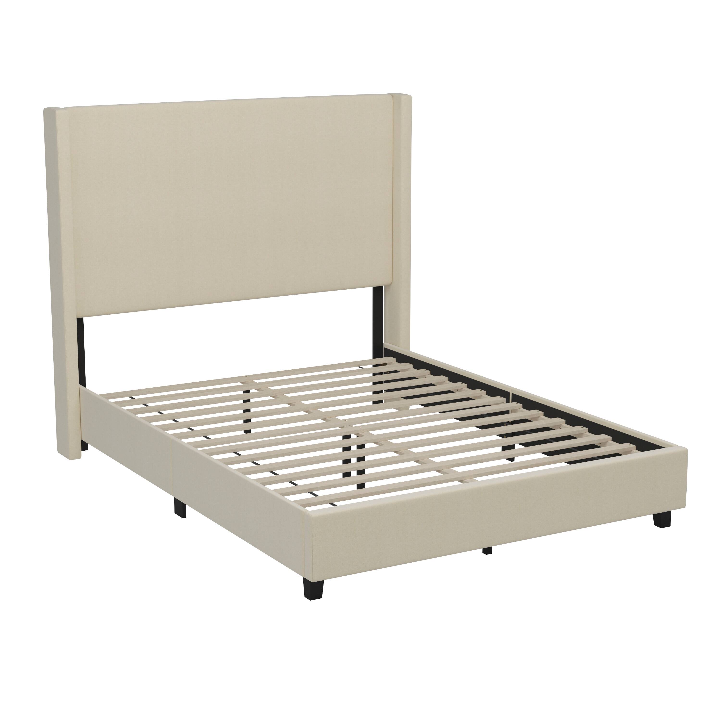 Alt View 1. Emma + Oliver - Nora upholstered Platform Bed with Plush Padded Wingback Headboard and Wood Support Slats - No Box Spring Needed - Beige.