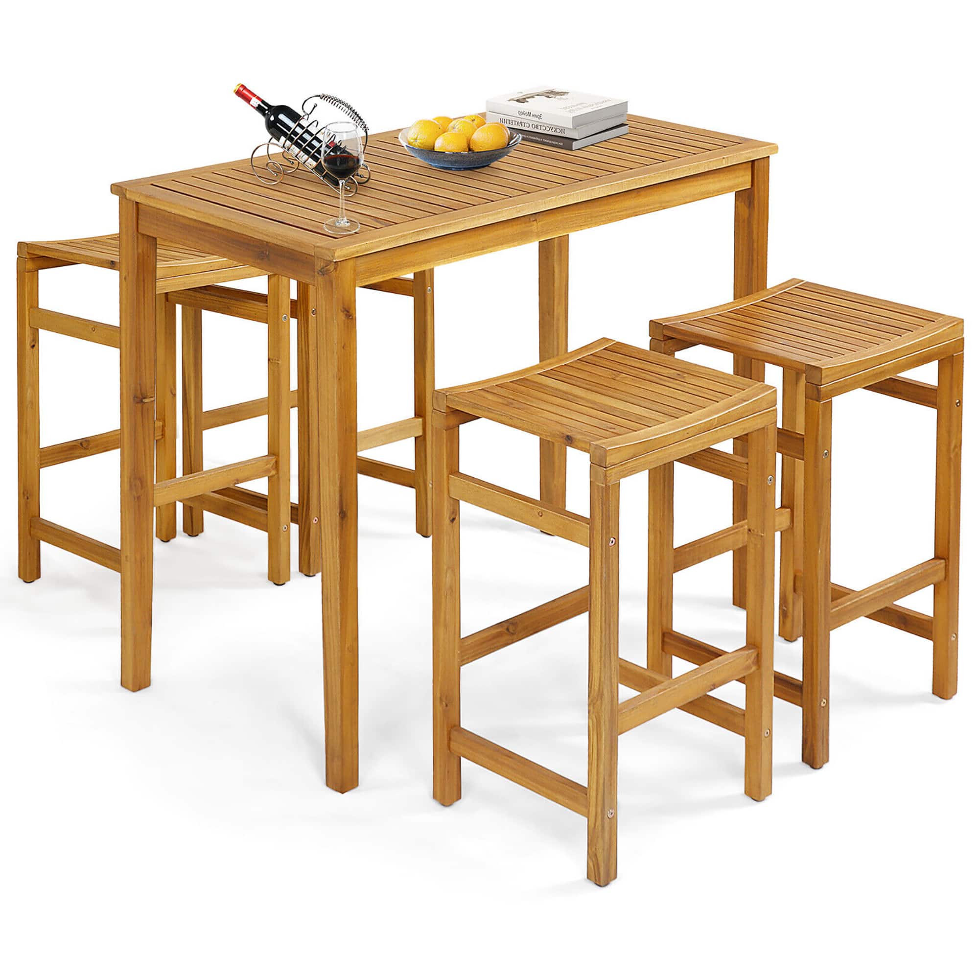 Gymax - 5 Pieces Patio Acacia Wood Bar Set Outdoor Bar Height Table & Saddle Stool Chairs Set - Teak