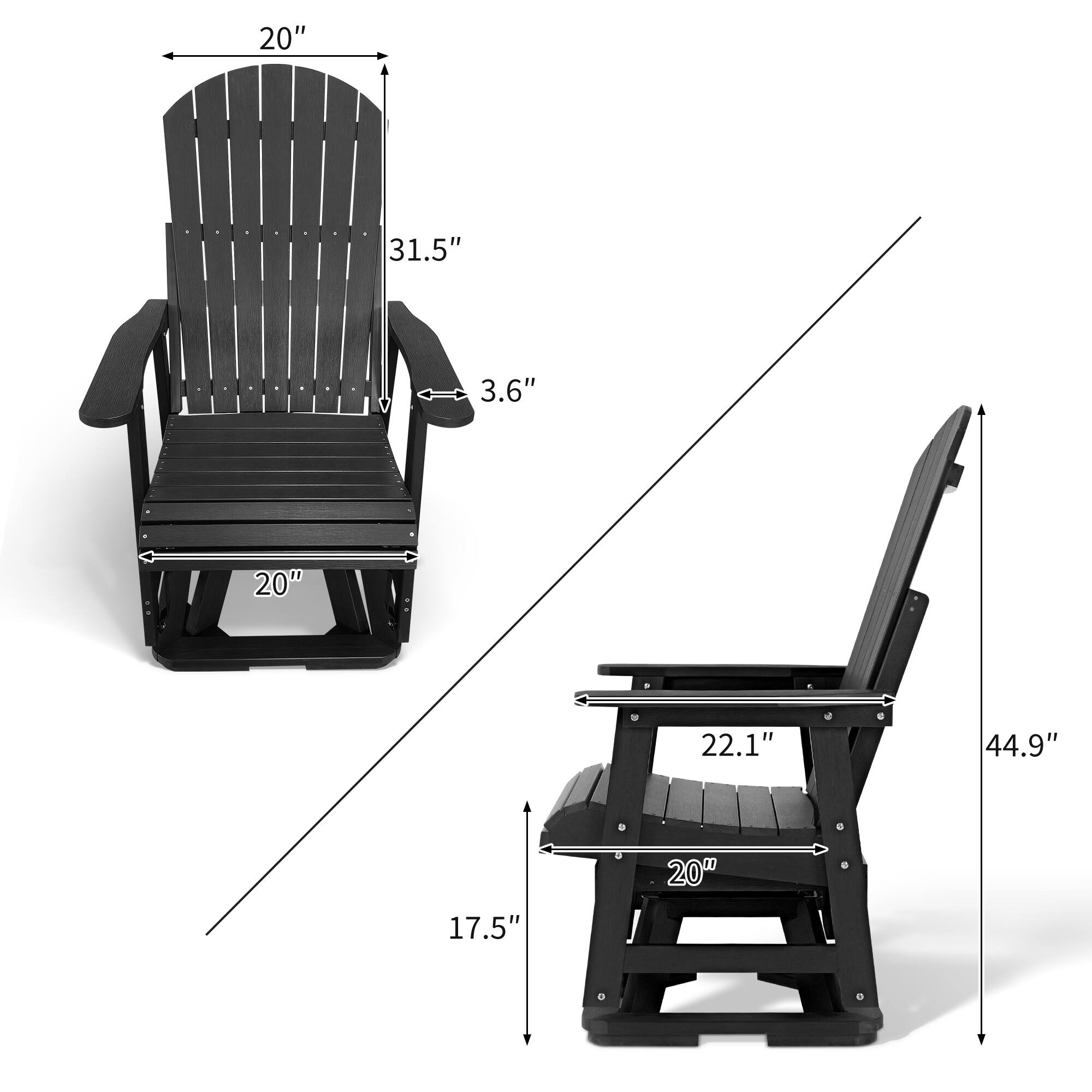 - Width: 20"
- Height: 31.5"
- Depth: 3.6"
- Seat Width: 20"
- Armrest Height: 17.5"
- Overall Height: 44.9"
- Seat Depth: 22.1"