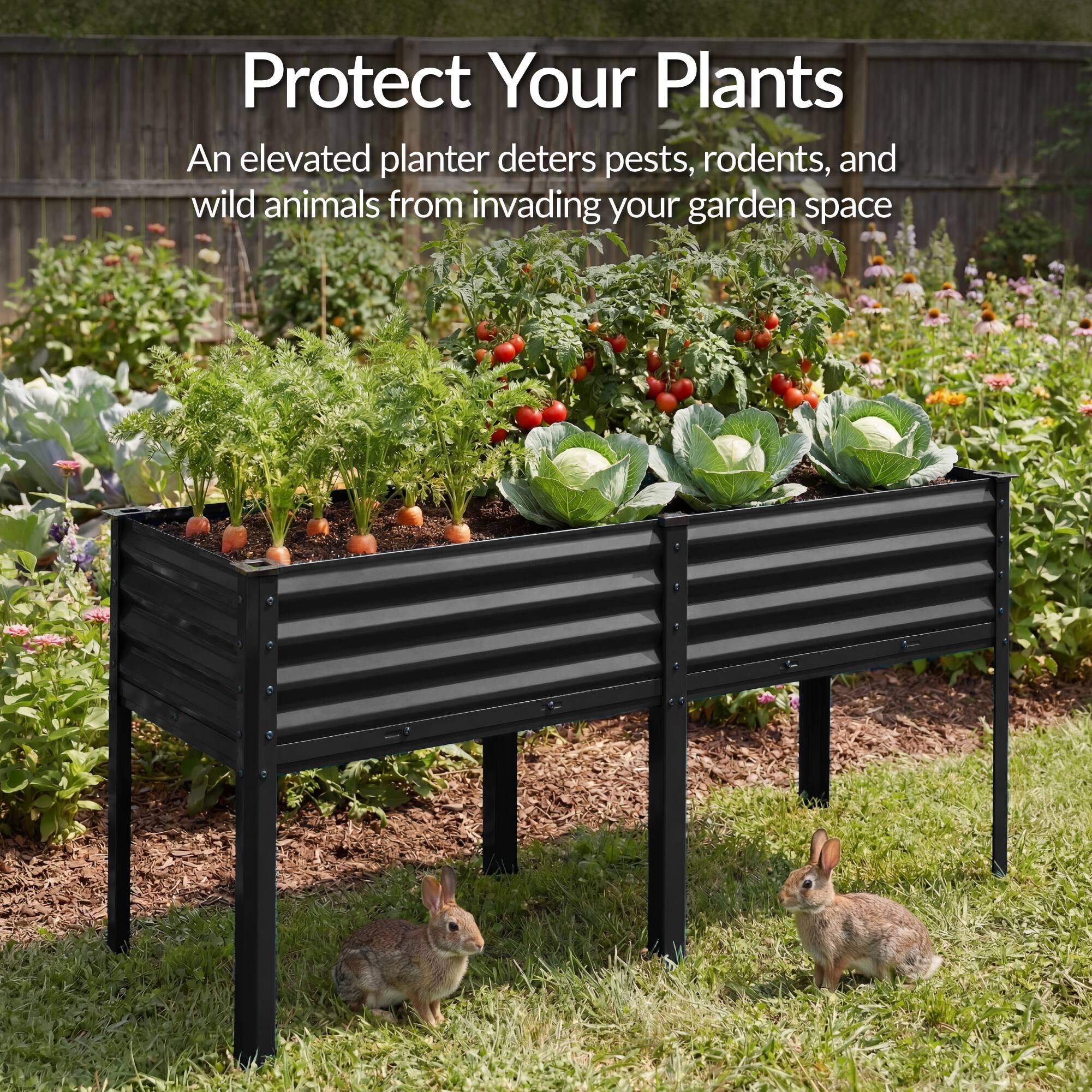 Protect Your Plants  
An elevated planter deters pests, rodents, and wild animals from invading your garden space