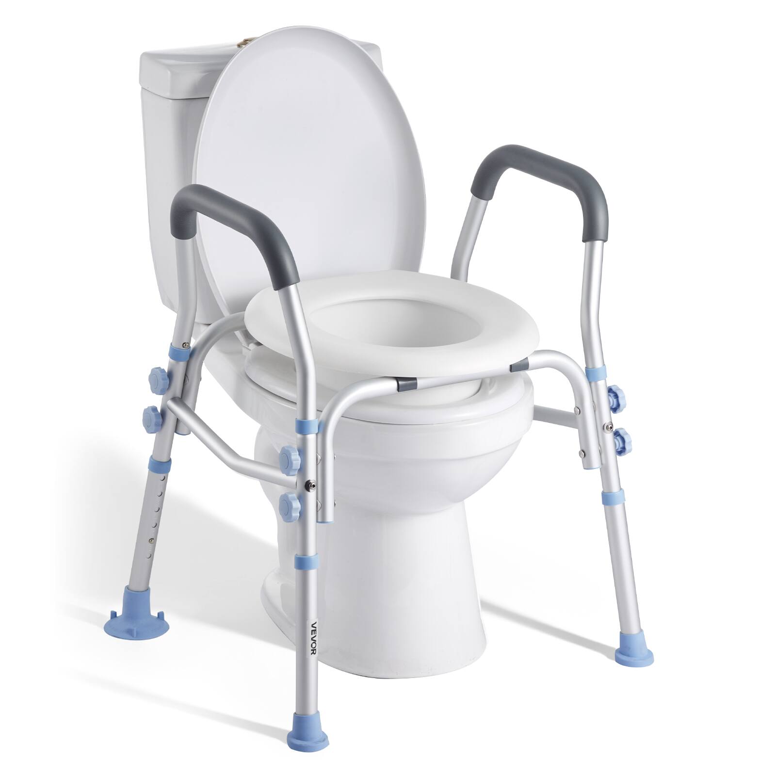 Front. VEVOR - Raised Toilet Seat with Arms, 300 lbs Load Capacity, Adjustable Height, Widened Commode Elevated Toilet Seat Riser - Gray.