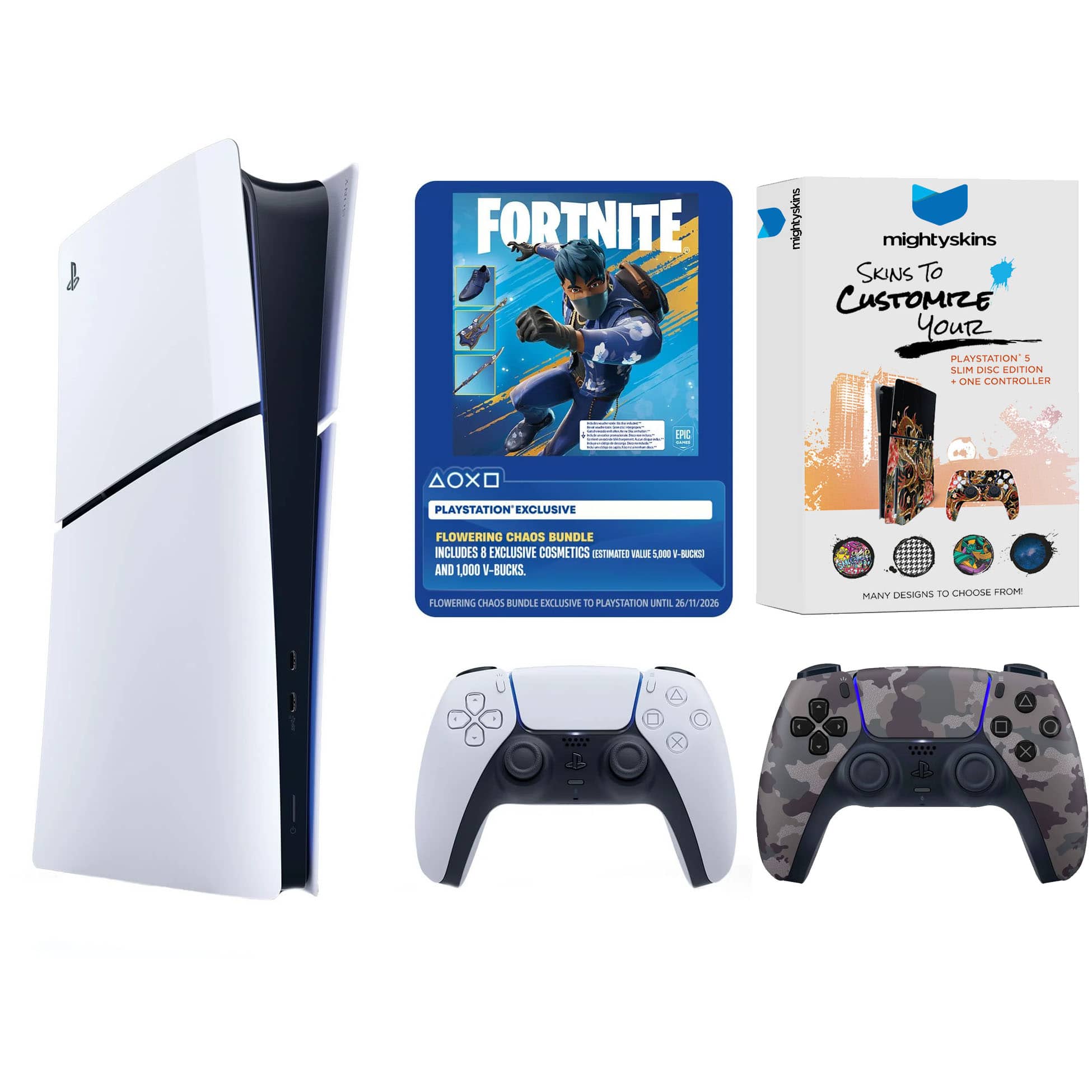 PlayStation 5 Disc Fortnite Flowering Chaos Bundle with Extra Controller and MightySkins Code - PlayStation 5