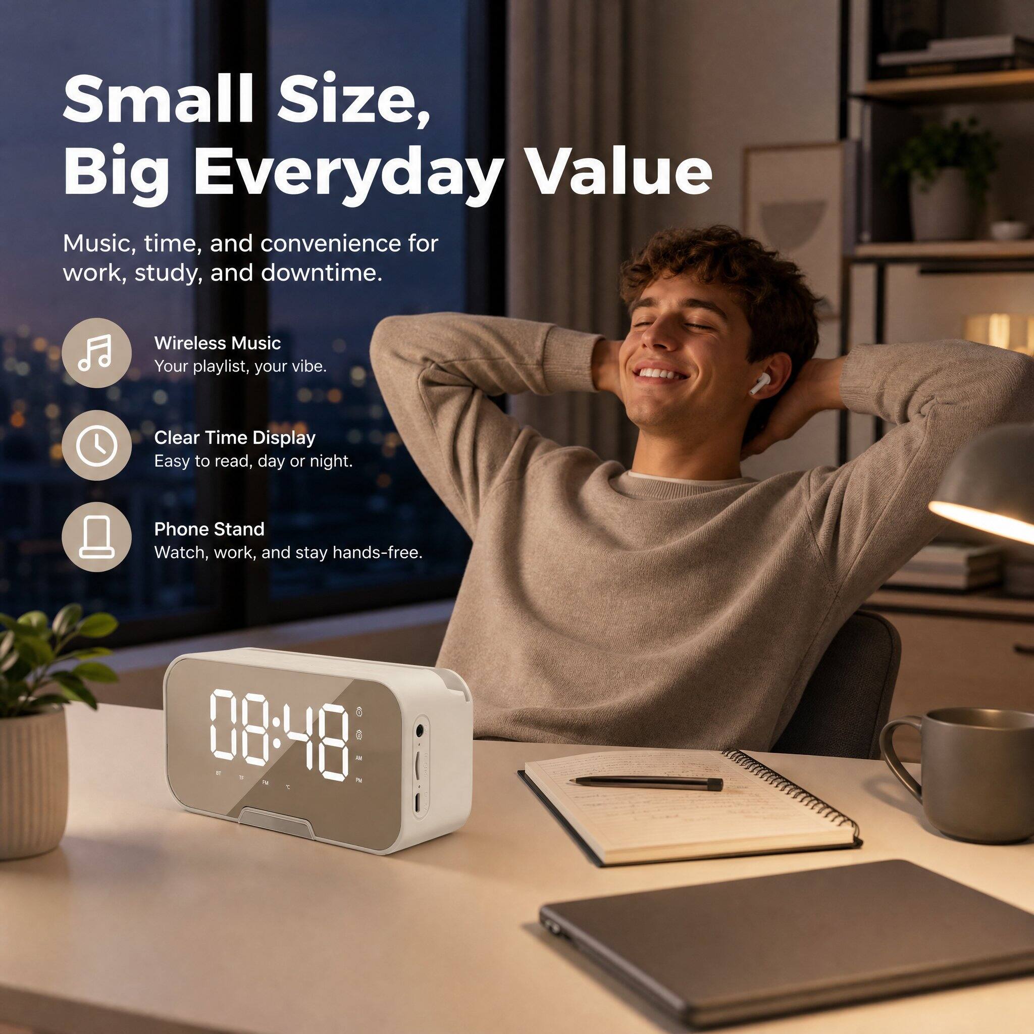 Small Size, Big Everyday Value  
Music, time, and convenience for work, study, and downtime.  
Wireless Music  
Your playlist, your vibe.  
Clear Time Display  
Easy to read, day or night.  
Phone Stand  
Watch, work, and stay hands-free.  
08:48