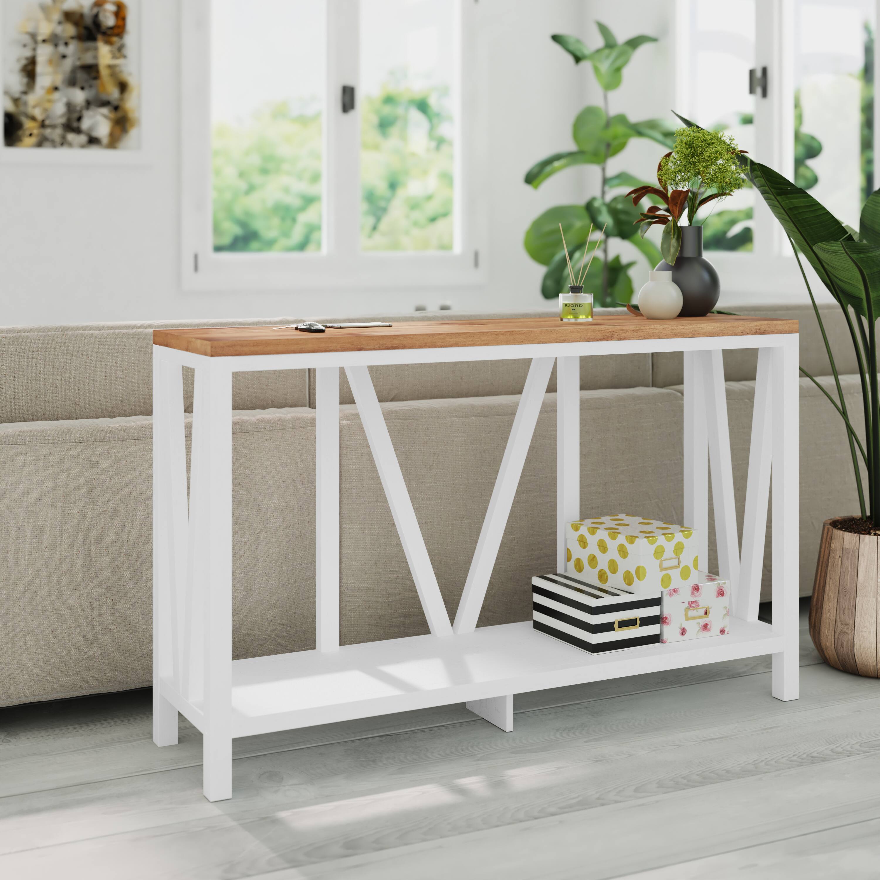 Alt View 3. Emma + Oliver - Owen Modern Farmhouse Entryway Console Accent Table - Warm Oak Top/White Frame.