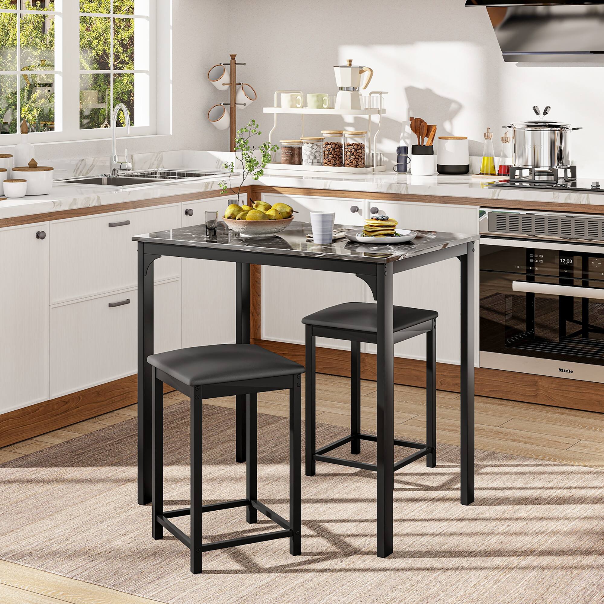 Alt View 1. Gymax - Gymax 3 PCS Counter Height Dining Set Faux Marble Table & 2 Chairs Kitchen Bar New Black - Black.