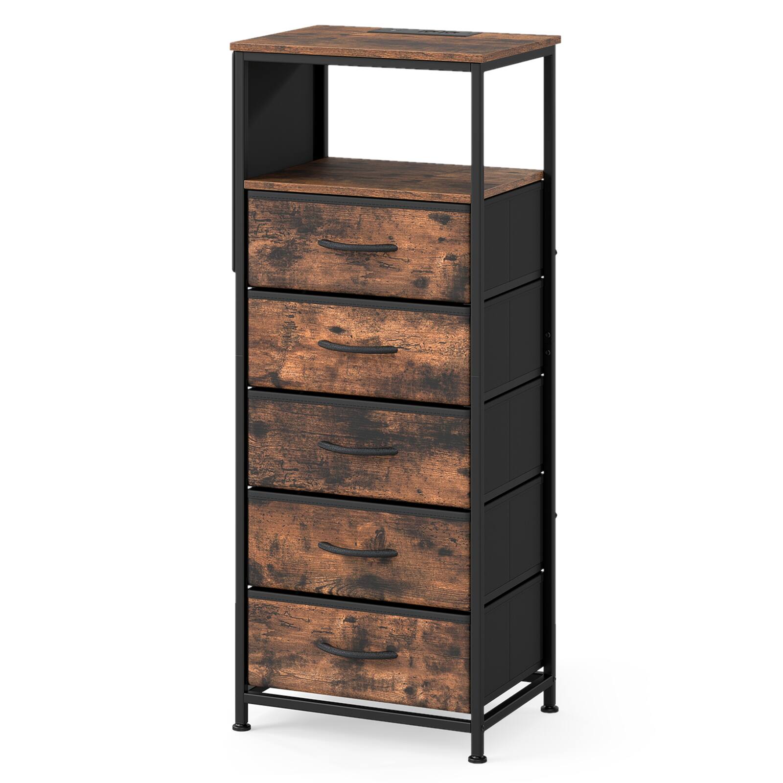 Costway - 1 PCS Nightstand with Integrated Charging Station, Modern Bedside Table with 5 Fabric Drawers - Rustic + Black price history on PriceWatchPro