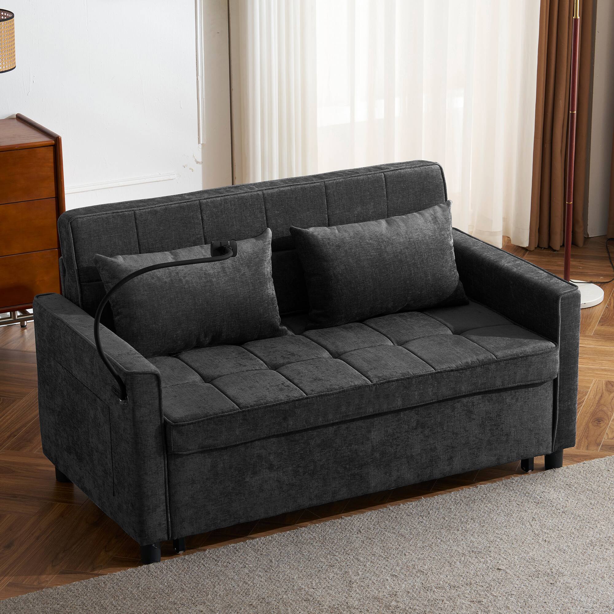 Alt View 3. Anysun - 56.9" Loveseat Pull-Out Sofa Bed with USB Ports - Reversible Cushion, Side Pockets & Phone Holder for Living Room - Black.