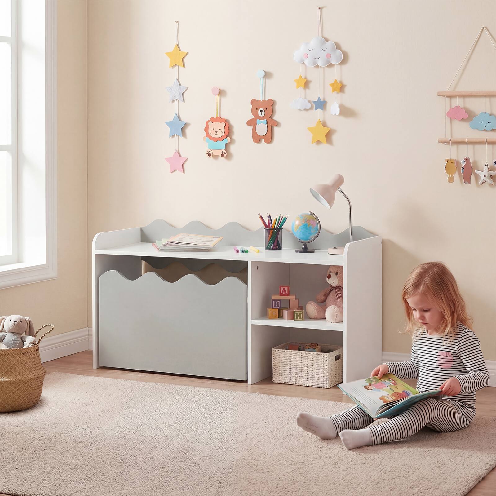 Alt View 4. Costway - Costway Kids Bookshelf & Toy Storage Organizer,Wooden Toddler Book Rack with Movable Drawer - Gray + White.