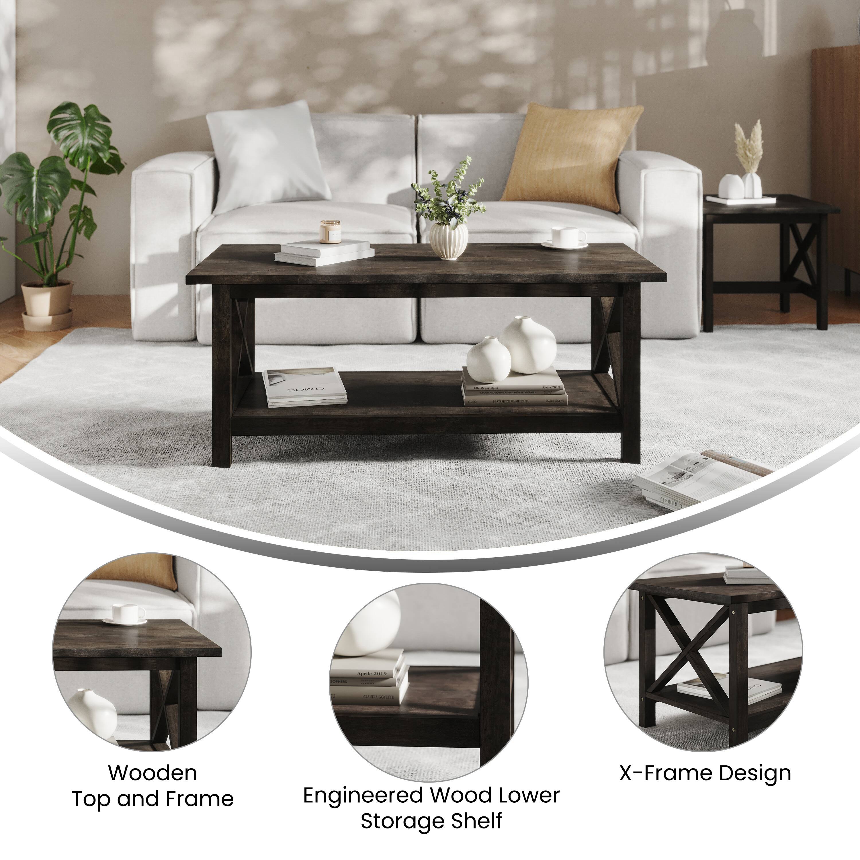 A I - Wooden Top and Frame Engineered Wood Lower Storage Shelf X-Frame Design