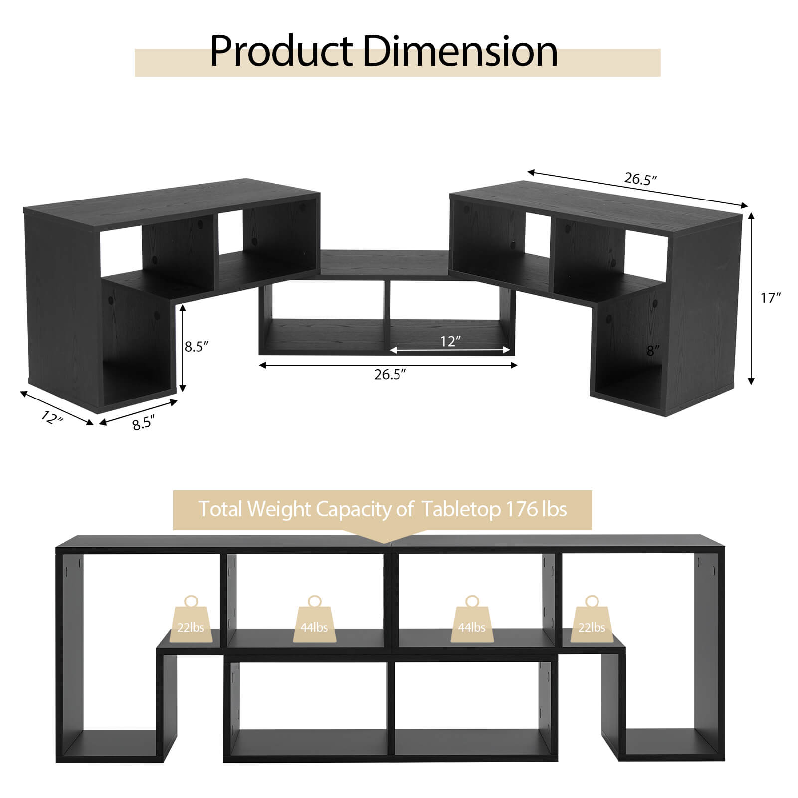 Product Dimension: 26.5" x 17" x 8.5"

Total Weight Capacity of Tabletop: 176 lbs
