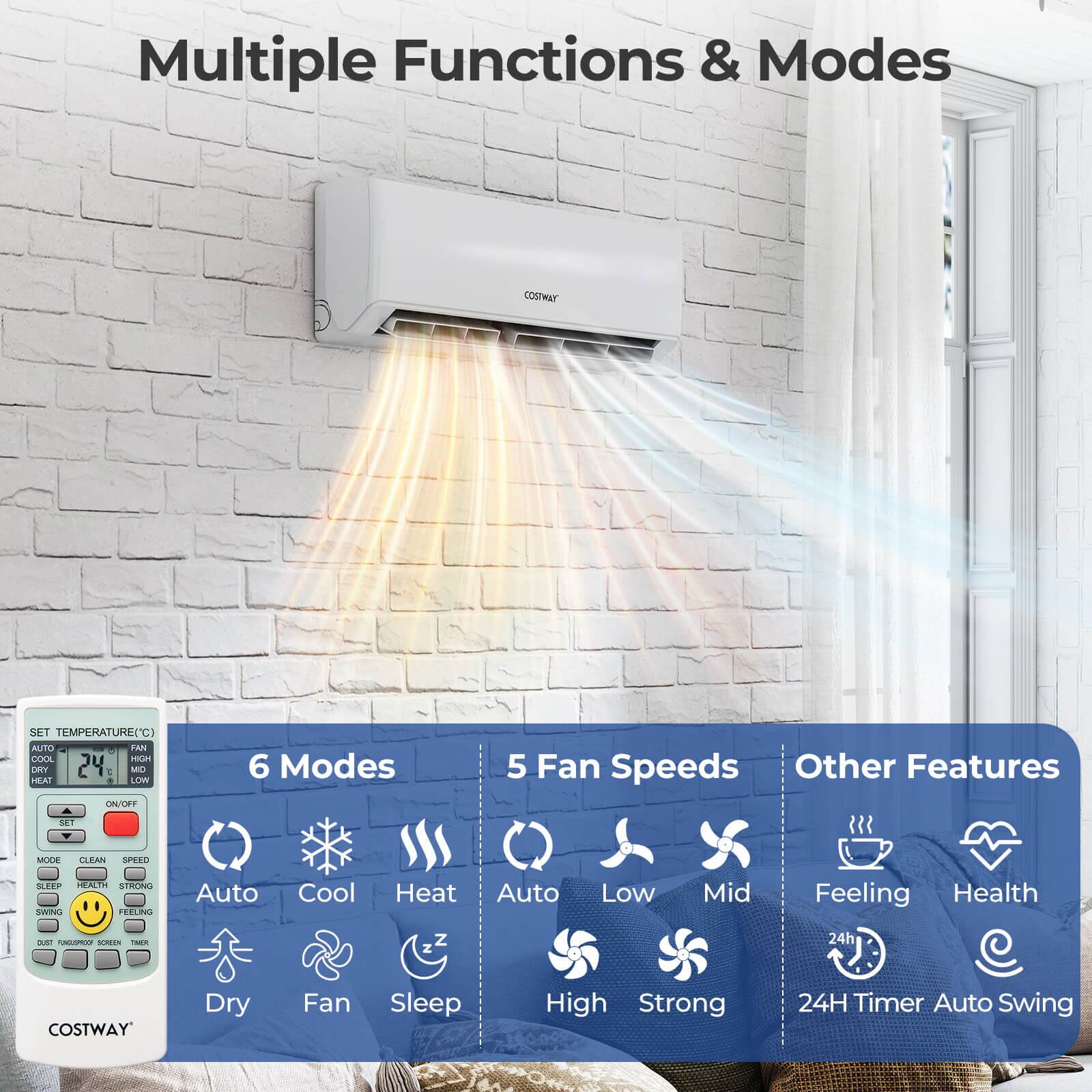 Multiple Functions & Modes

6 Modes
- Auto
- Cool
- Heat
- Dry
- Fan
- Sleep

5 Fan Speeds
- Auto
- Low
- Mid
- High
- Strong

Other Features
- Feeling
- Health
- 24H Timer
- Auto Swing

SET TEMPERATURE(C)
AUTO COOL HEAT
24
ON/OFF
SET
MODE CLEAN SPEED
SLEEP
SWING
DUST FILTER
FEELING
TIMER

COSTWAY