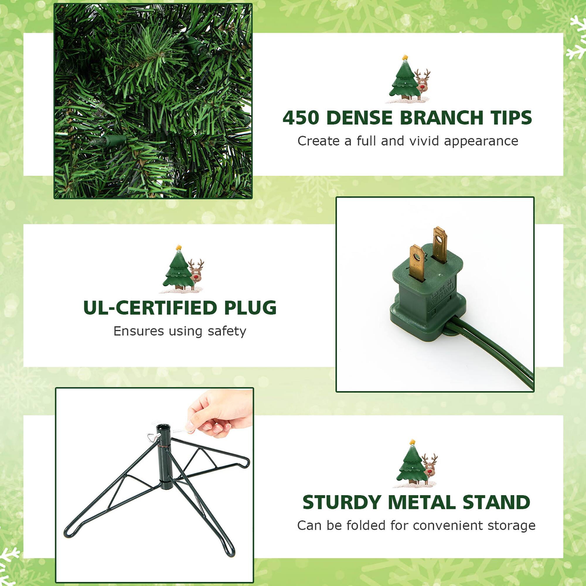 450 Dense Branch Tips: Create a full and vivid appearance.

UL-CERTIFIED PLUG: Ensures using safety.

Sturdy Metal Stand: Can be folded for convenient storage.