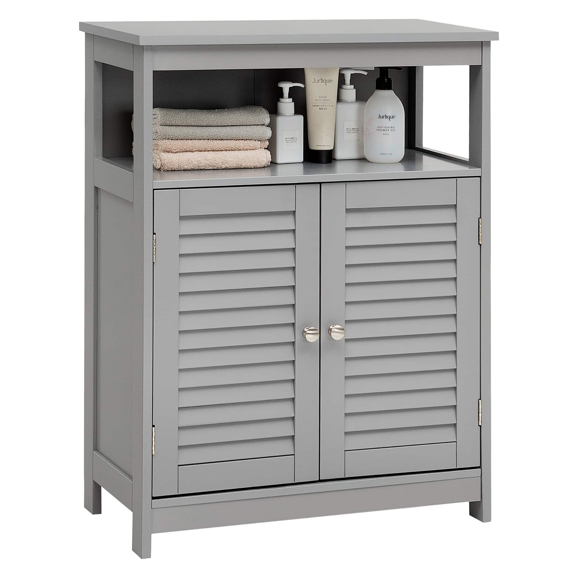 Costway - Bathroom Storage Wood Floor Cabinet with Double Shutter Door - Gray