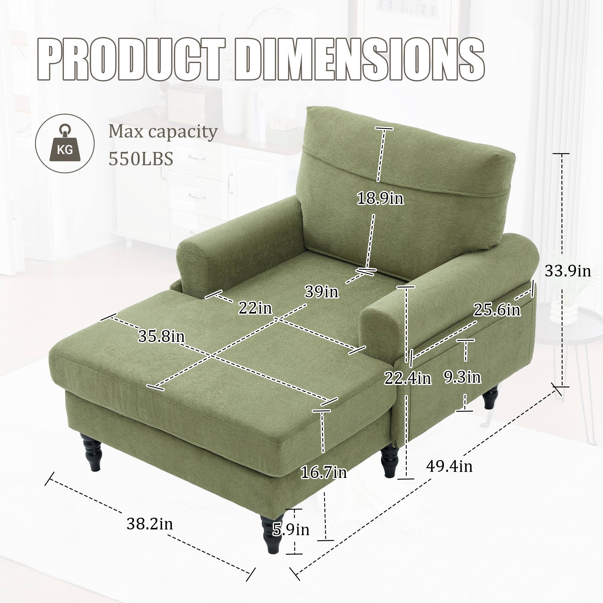PRODUCT DIMENSIONS

Max capacity 550LBS

- Width: 35.8in
- Depth: 39in
- Height: 33.9in
- Seat Height: 18.9in
- Armrest Height: 22in
- Back Height: 25.6in
- Seat Depth: 22.4in
- Armrest Width: 9.3in
- Overall Height: 49.4in
- Overall Width: 38.2in
- Overall Depth: 16.7in
- Leg Height: 5.9in